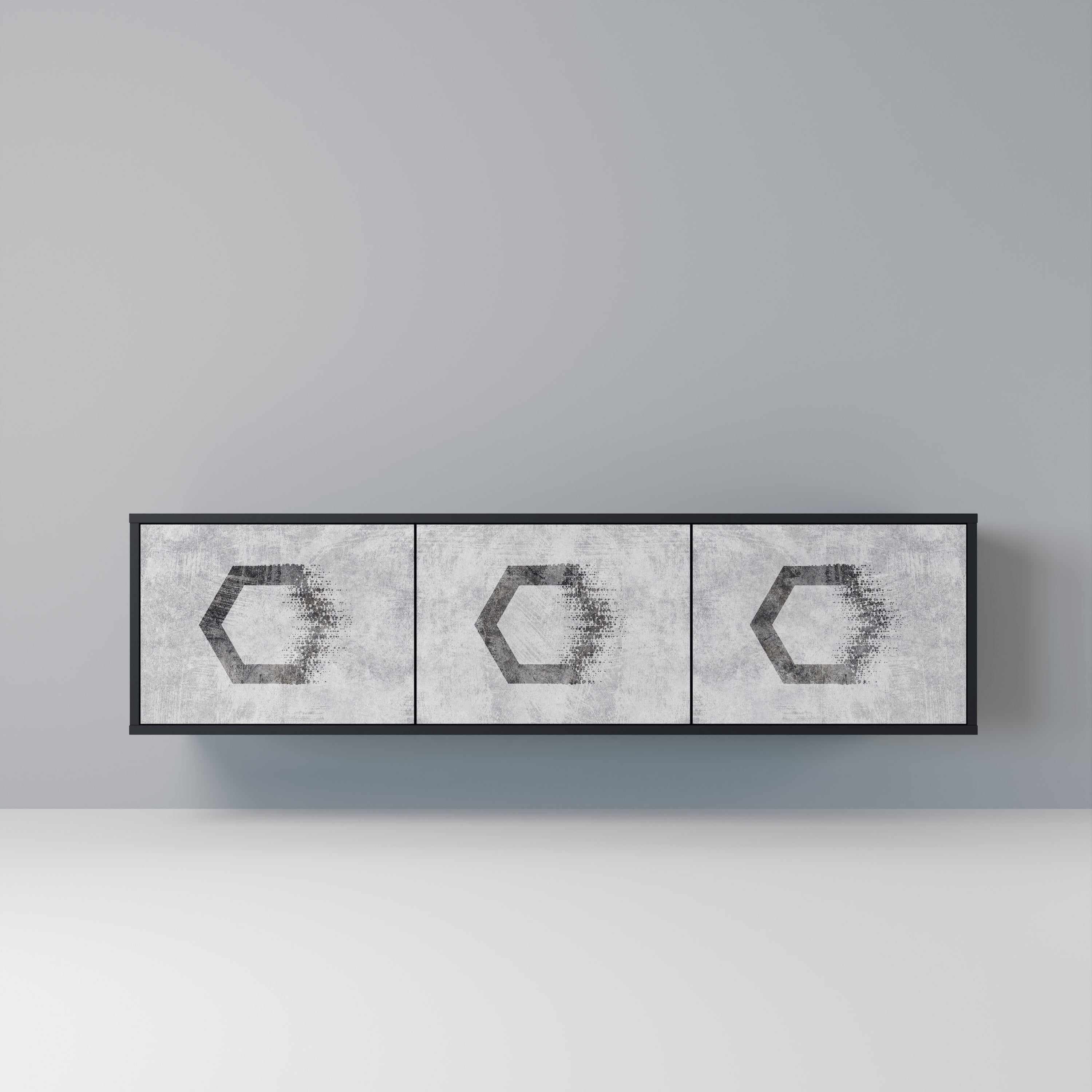 Meuble TV 3 portes HEXAGONAL FIGURES en finition noire