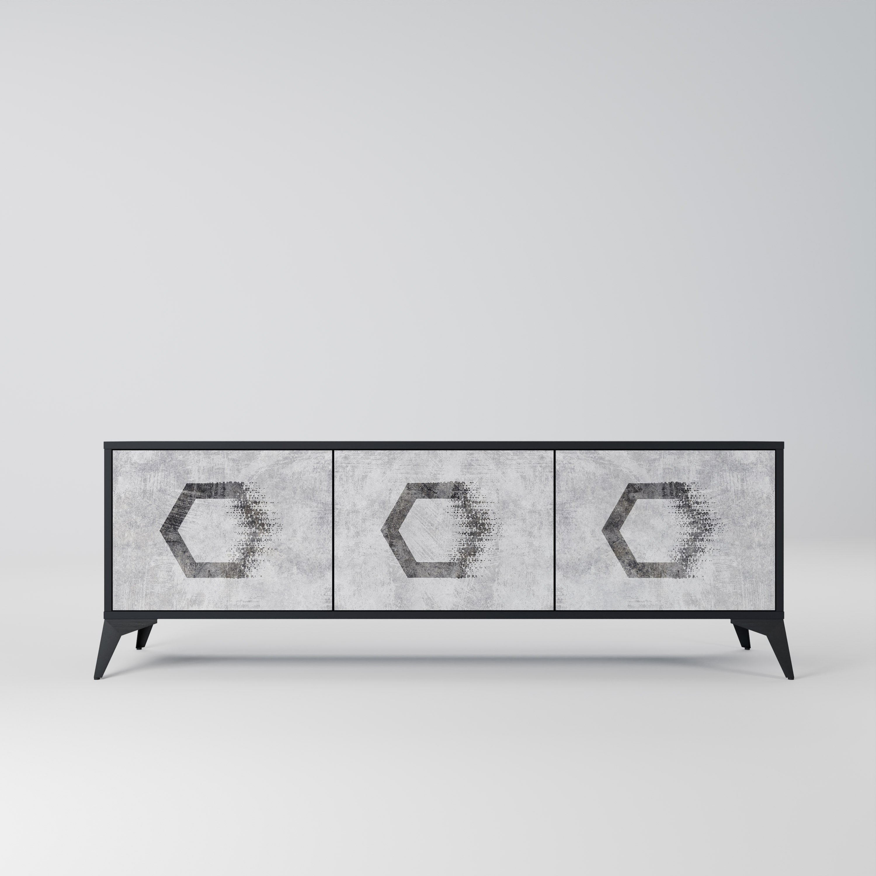 Meuble TV 3 portes HEXAGONAL FIGURES en finition noire