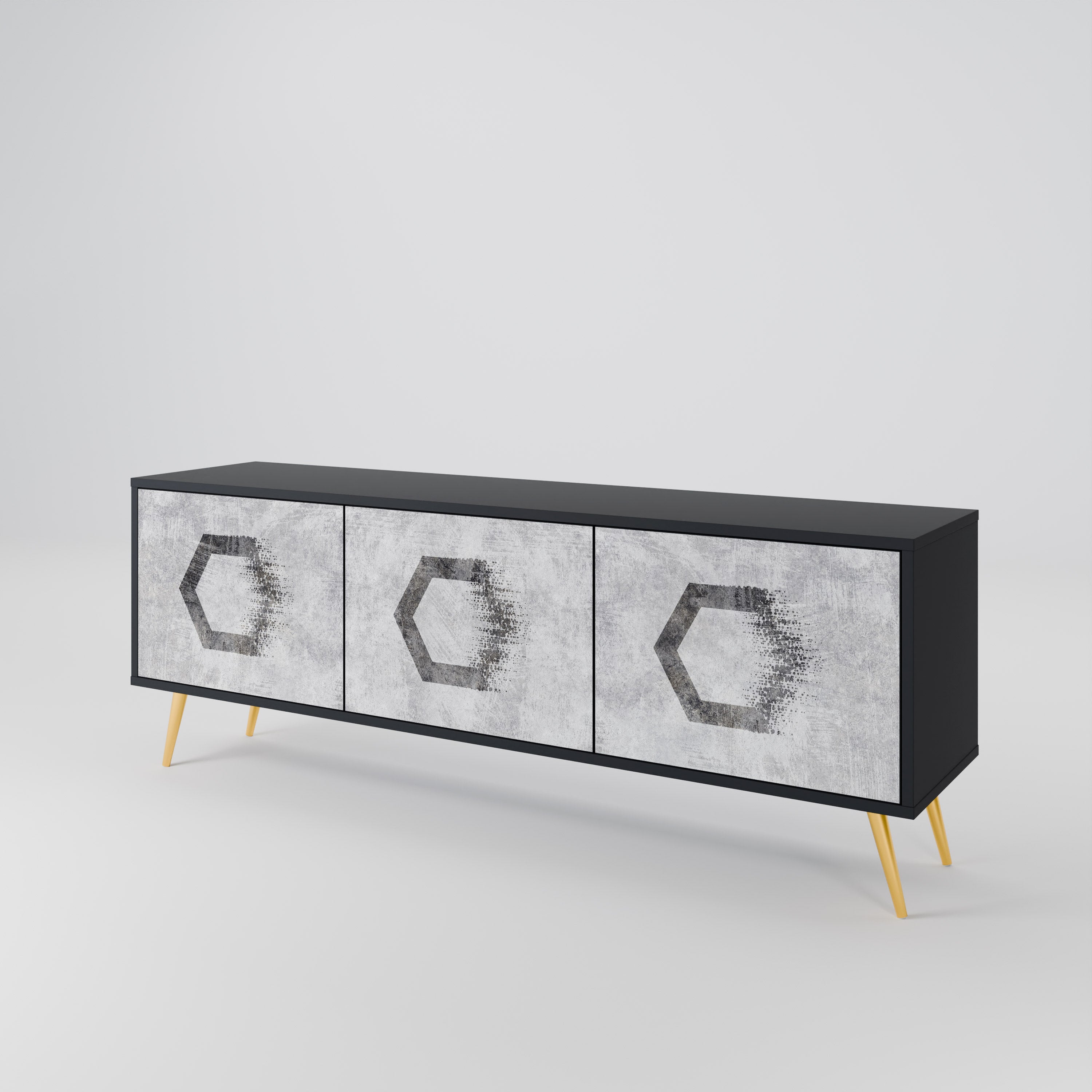 Meuble TV 3 portes HEXAGONAL FIGURES en finition noire