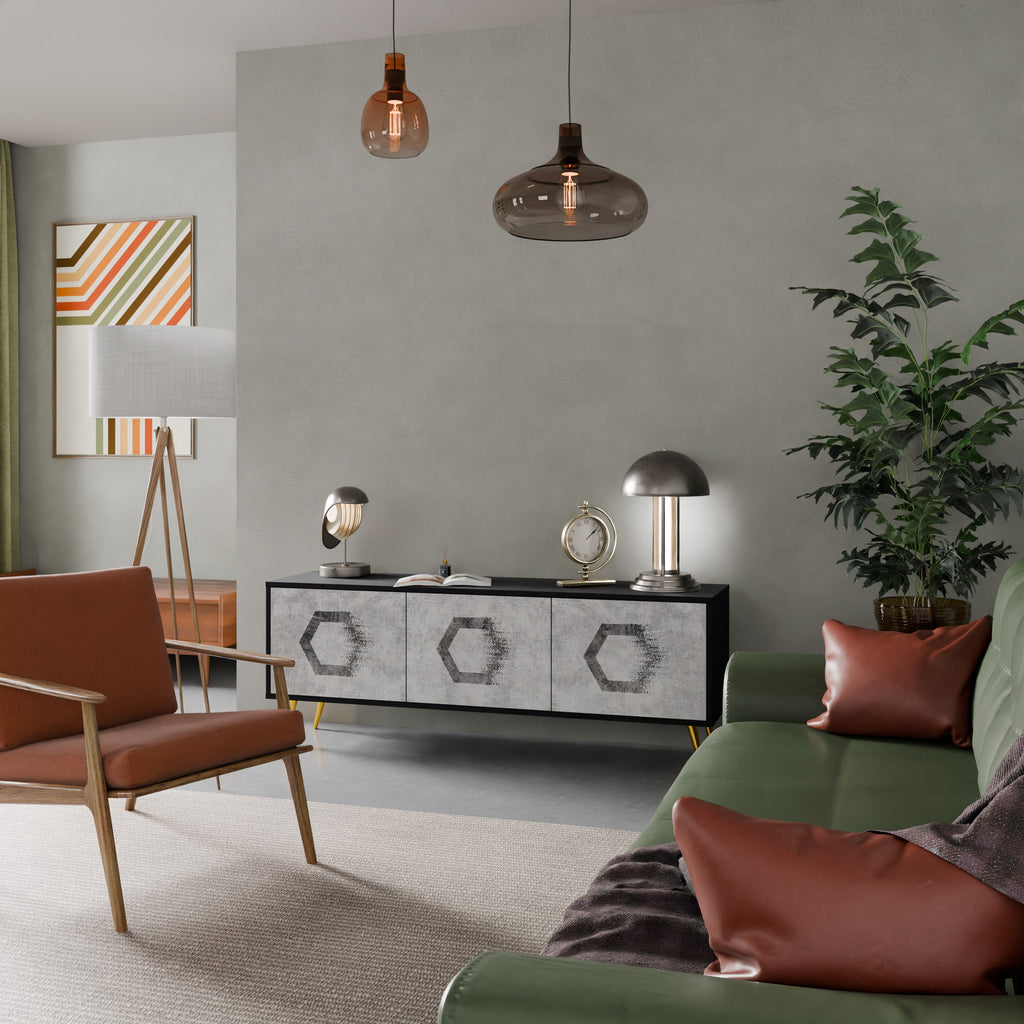 Meuble TV 3 portes HEXAGONAL FIGURES en finition noire