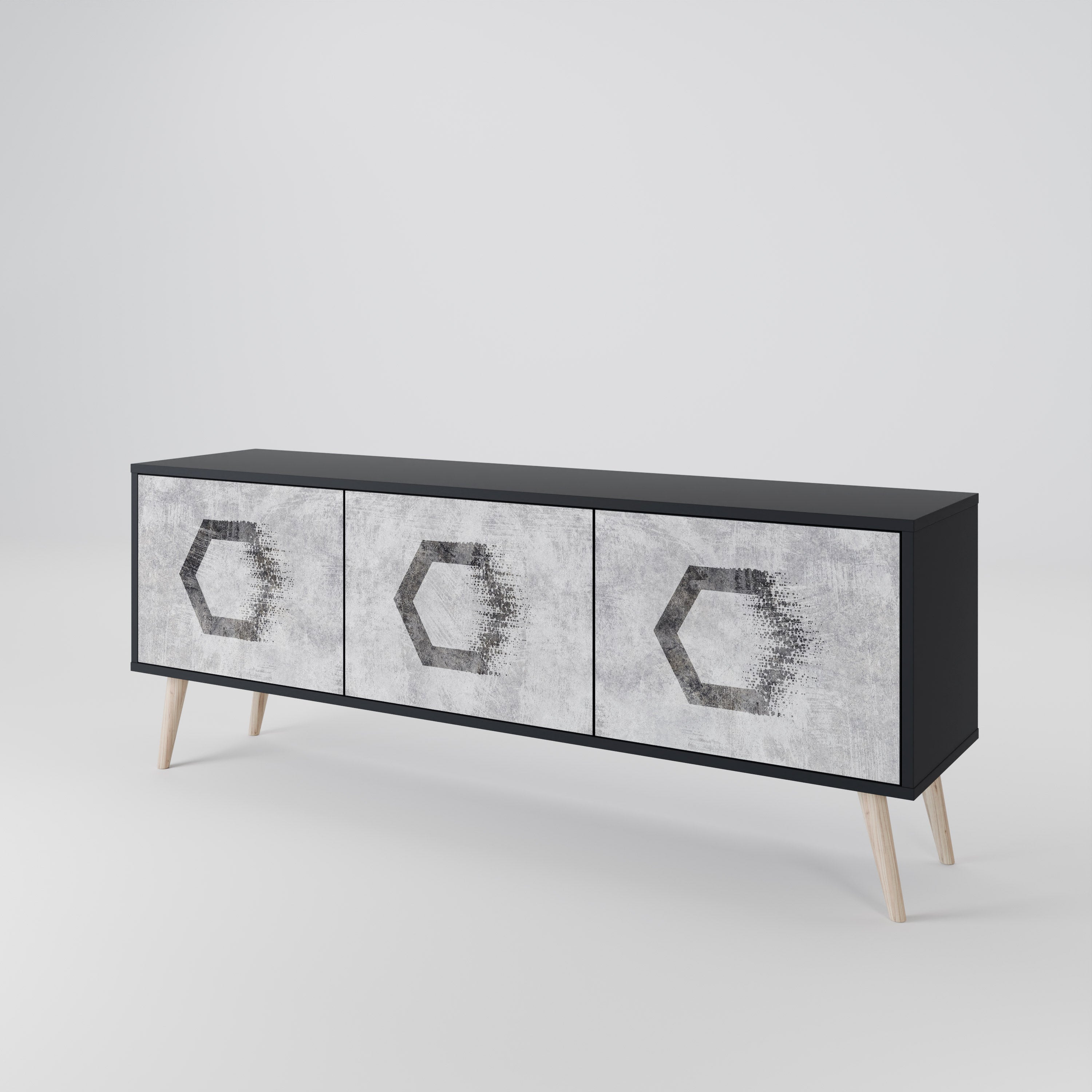 Meuble TV 3 portes HEXAGONAL FIGURES en finition noire