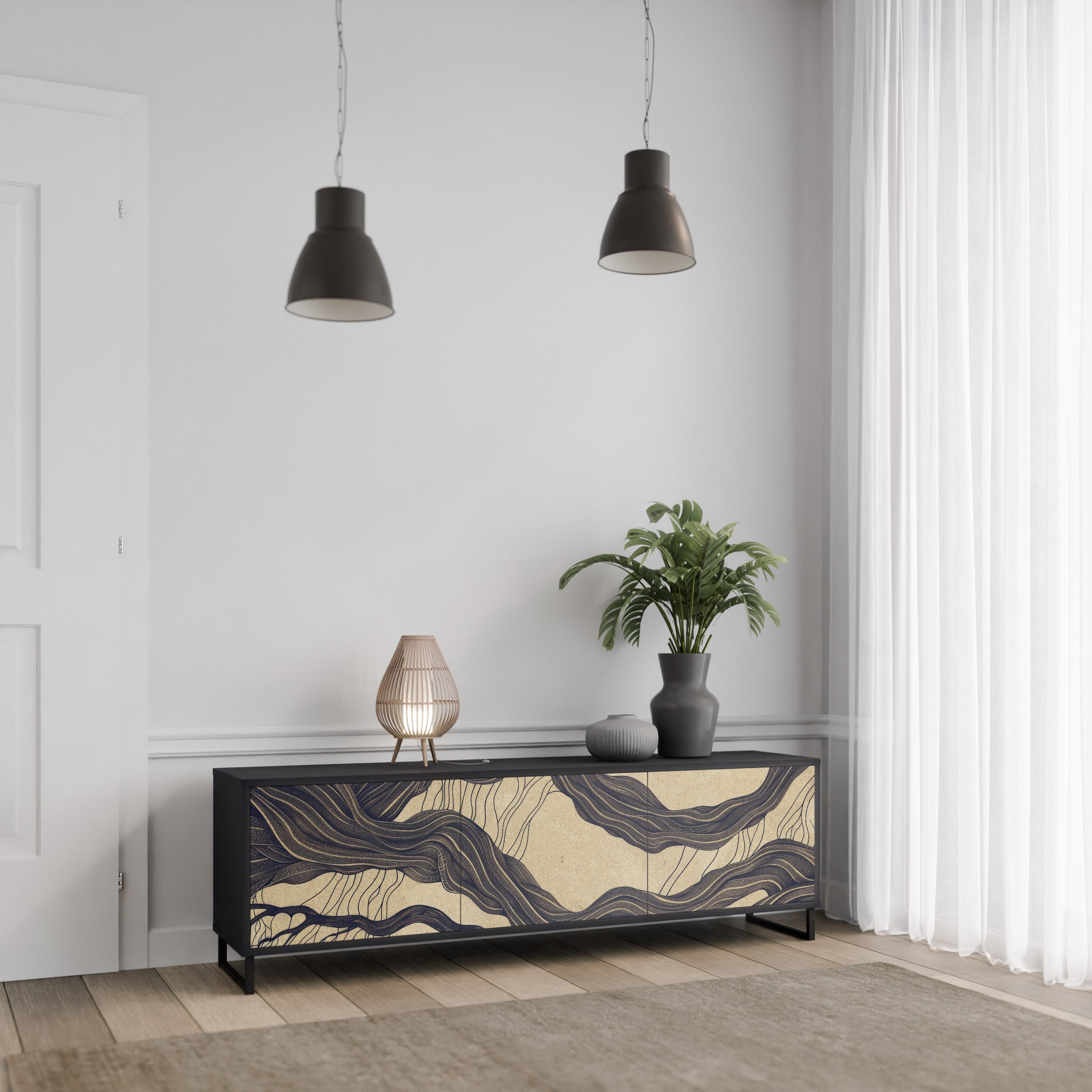 Meuble TV 3 portes UNIFIED FRAGMENTS, finition noire