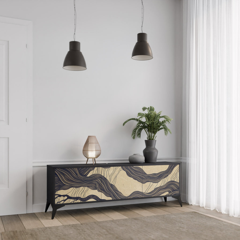 Meuble TV 3 portes UNIFIED FRAGMENTS, finition noire