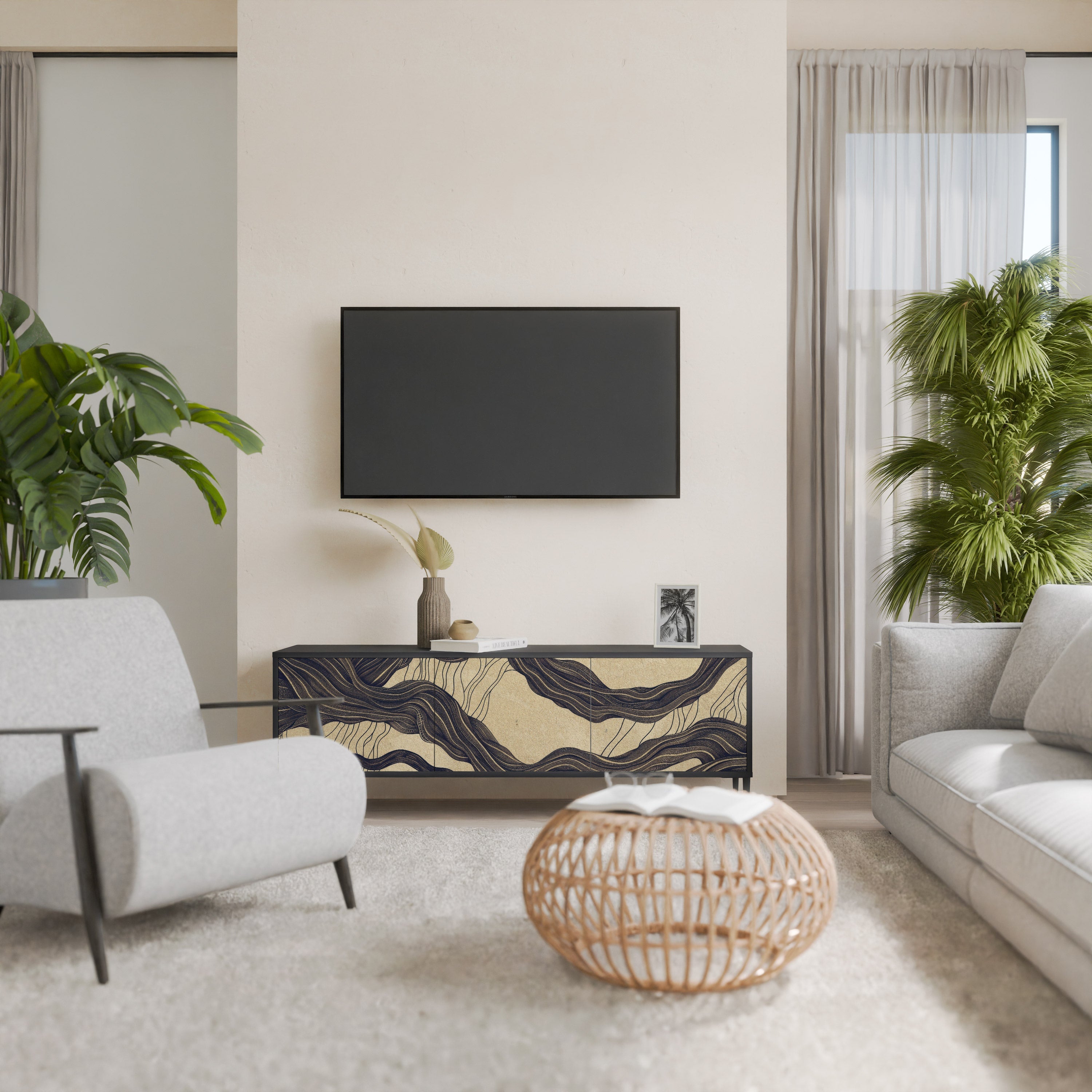 Meuble TV 3 portes UNIFIED FRAGMENTS, finition noire