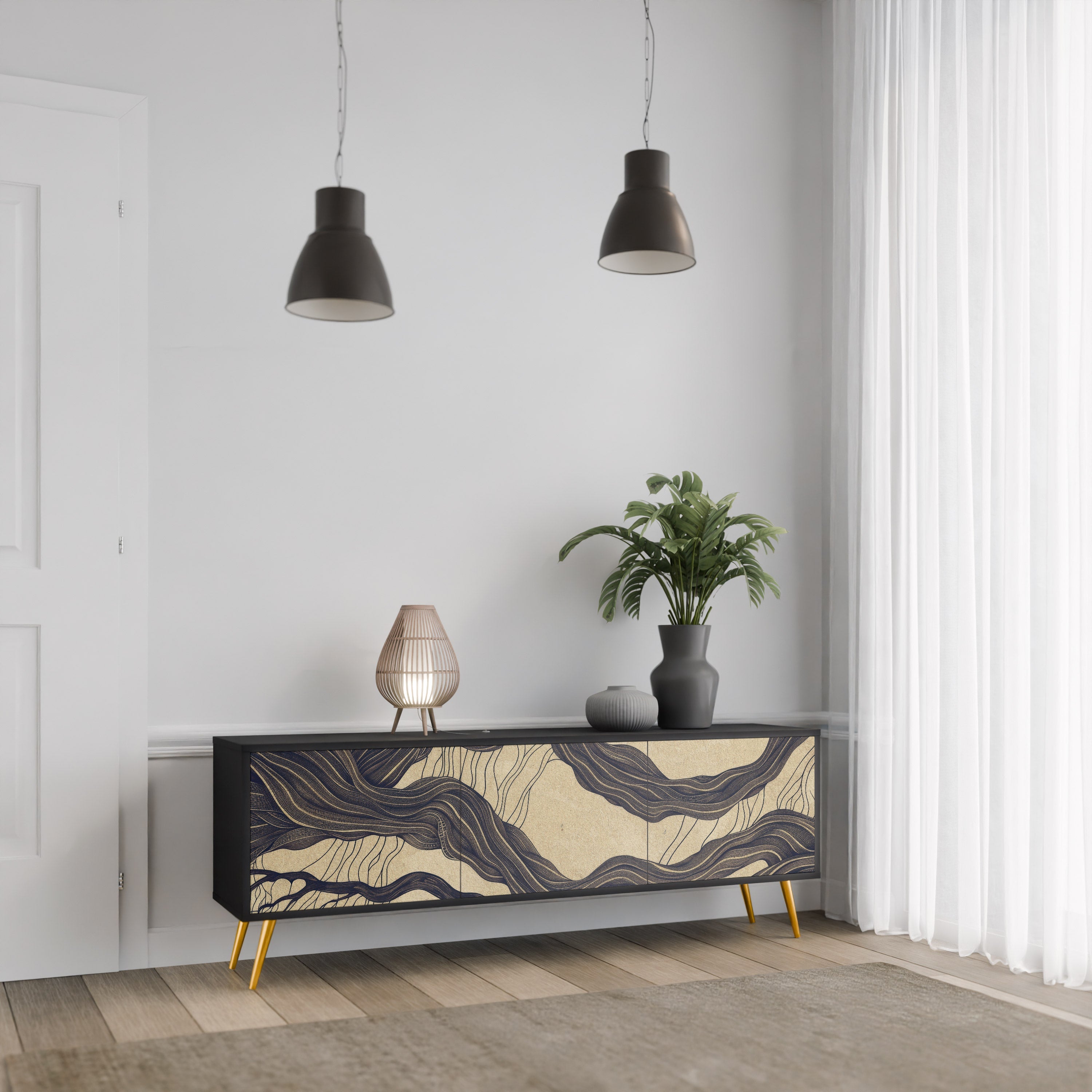 Meuble TV 3 portes UNIFIED FRAGMENTS, finition noire