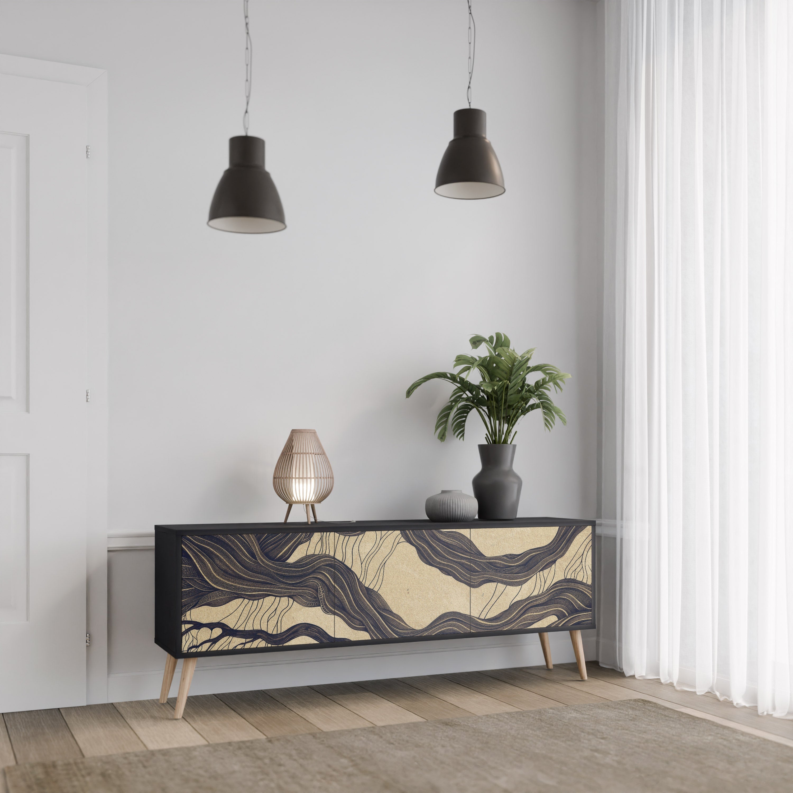 Meuble TV 3 portes UNIFIED FRAGMENTS, finition noire