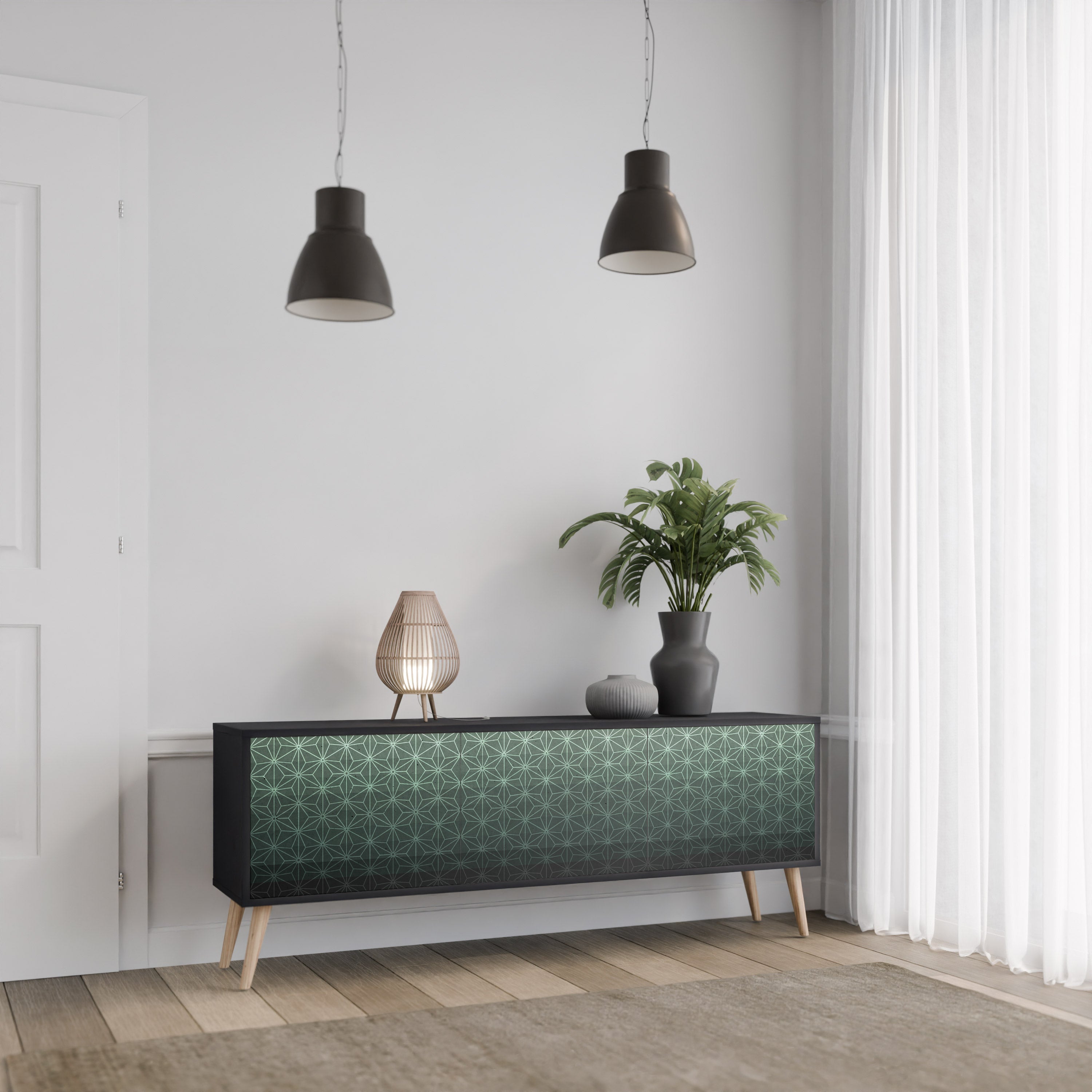 Meuble TV 3 portes ORNAMENTAL GLIMMER en finition noire