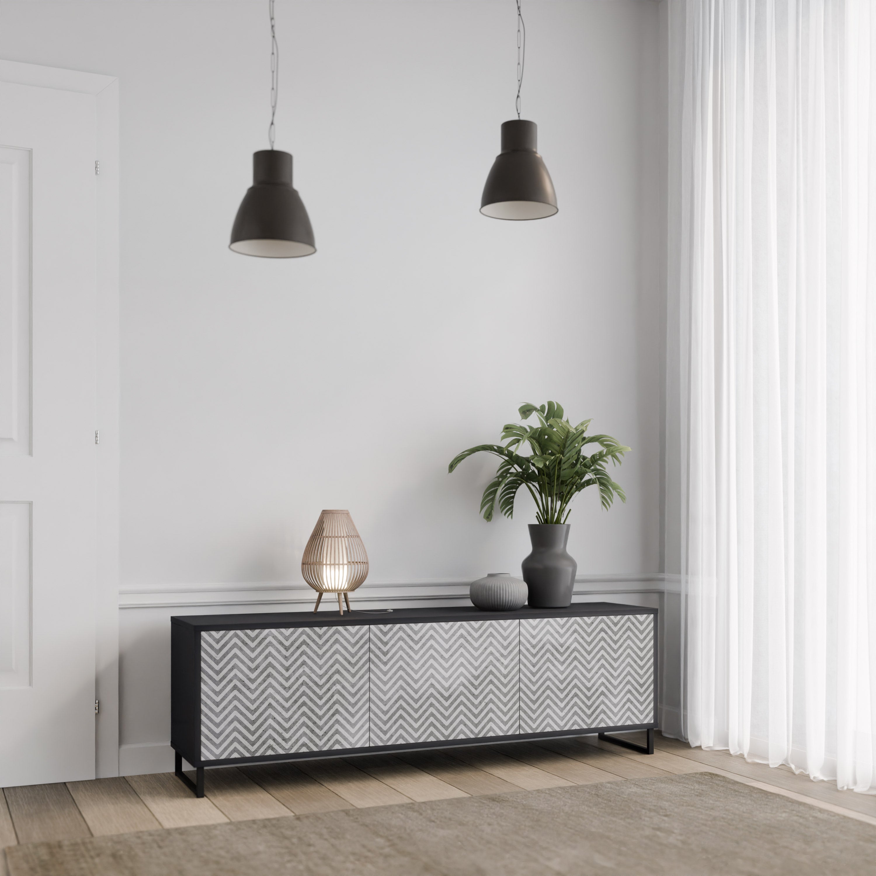 Meuble TV 3 portes CONCRETE ZIG ZAG finition noire