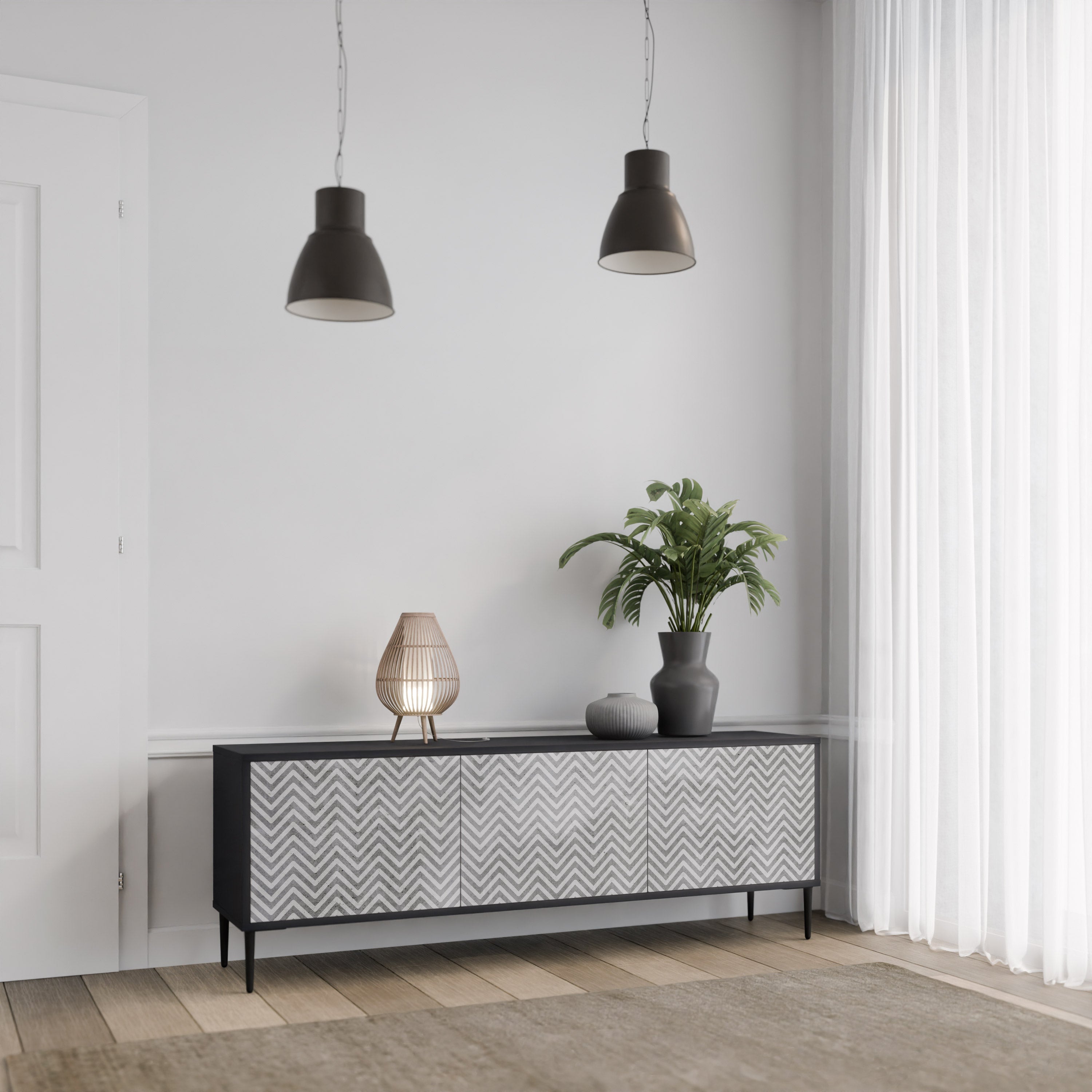 Meuble TV 3 portes CONCRETE ZIG ZAG finition noire