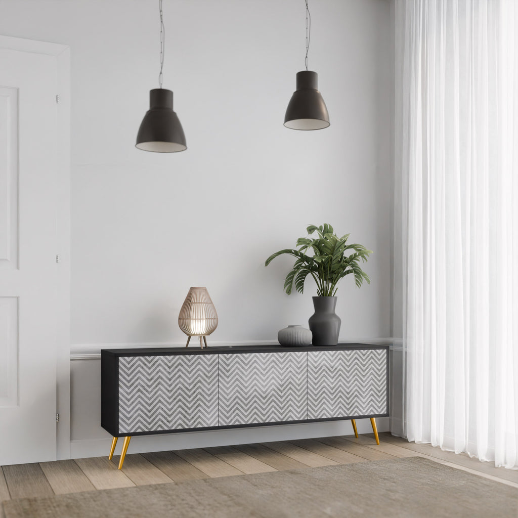 Meuble TV 3 portes CONCRETE ZIG ZAG finition noire