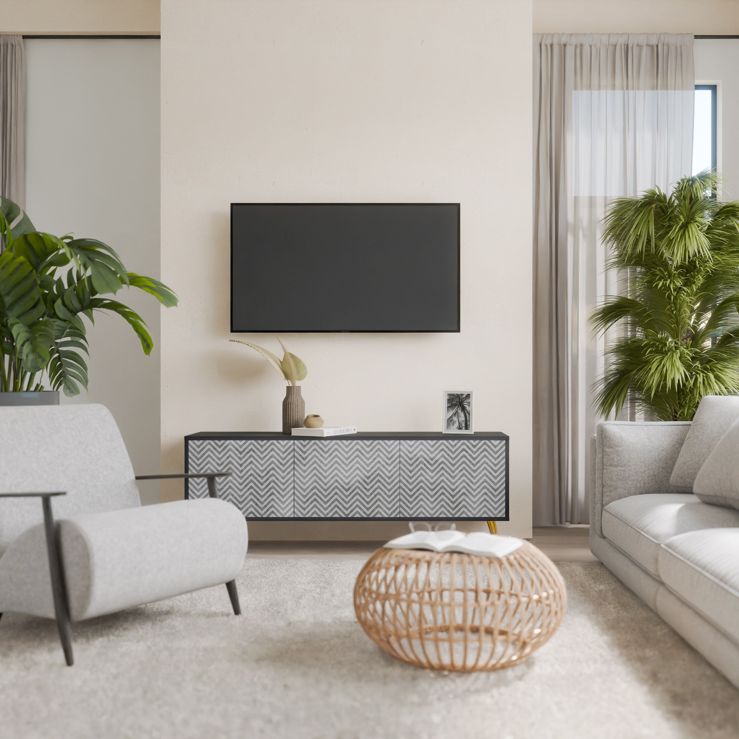 Meuble TV 3 portes CONCRETE ZIG ZAG finition noire