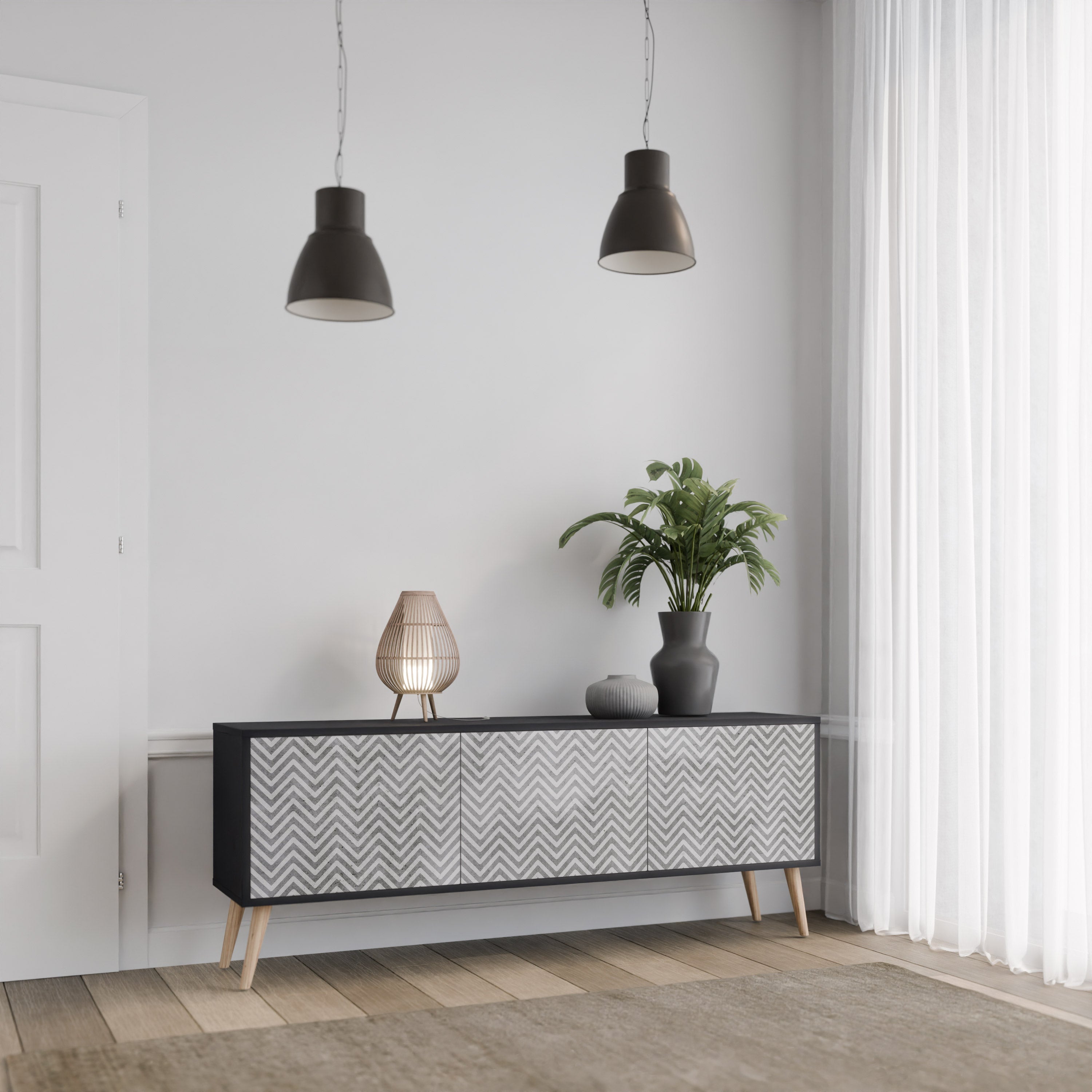 Meuble TV 3 portes CONCRETE ZIG ZAG finition noire