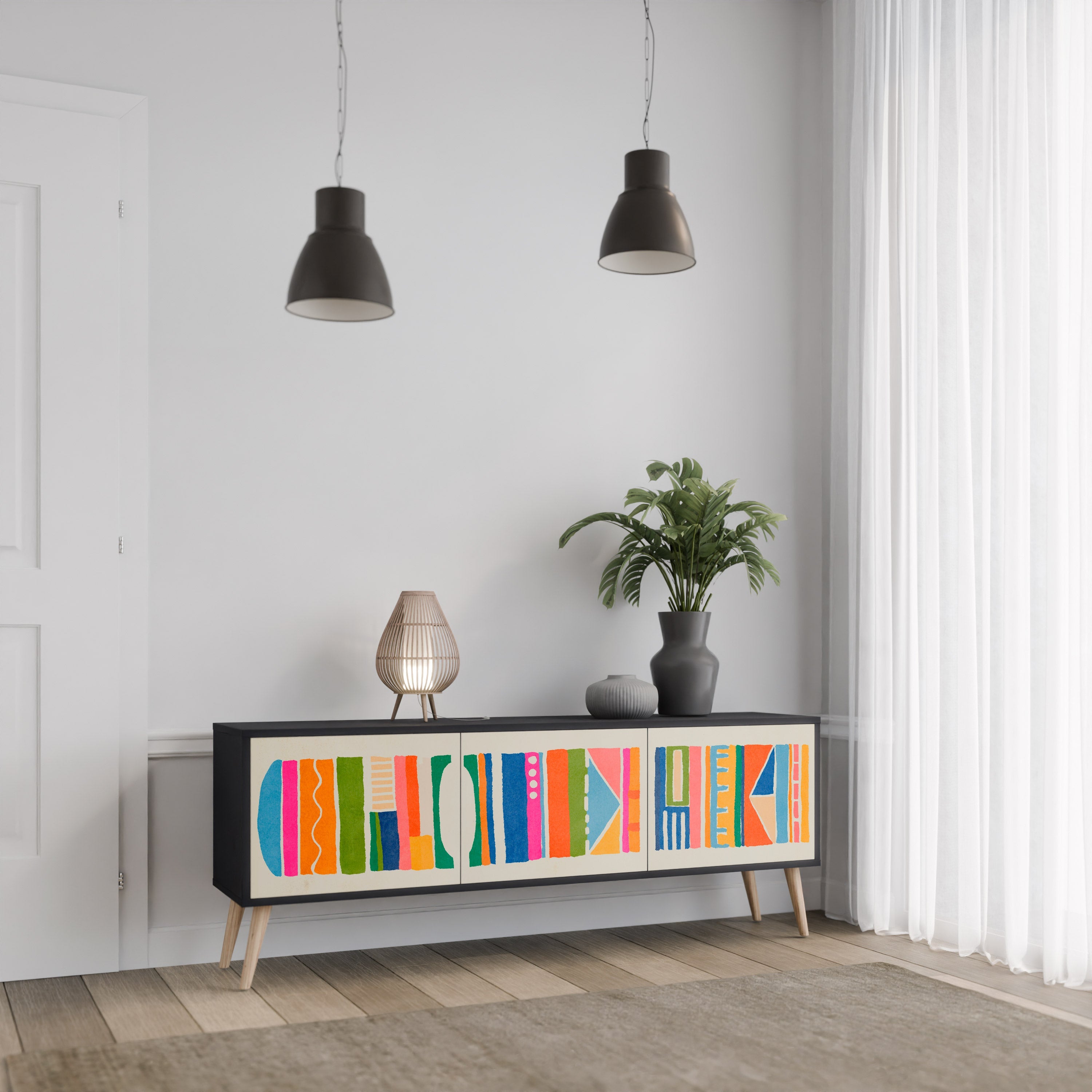 Meuble TV 3 portes GEOMETRIC SHINE en finition noire