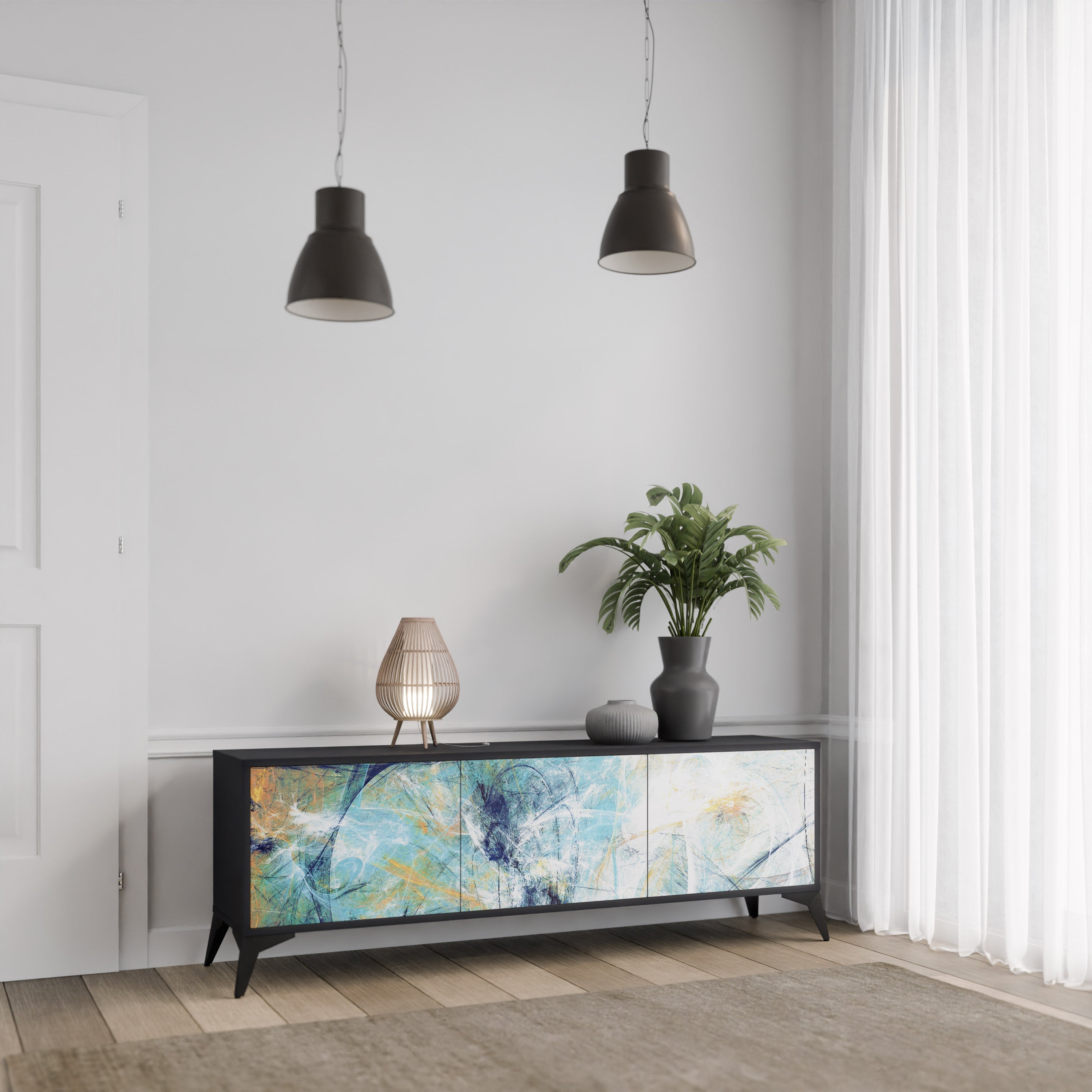 RÉFLEXIONS ABSTRAITES Meuble TV 3 portes en finition noire