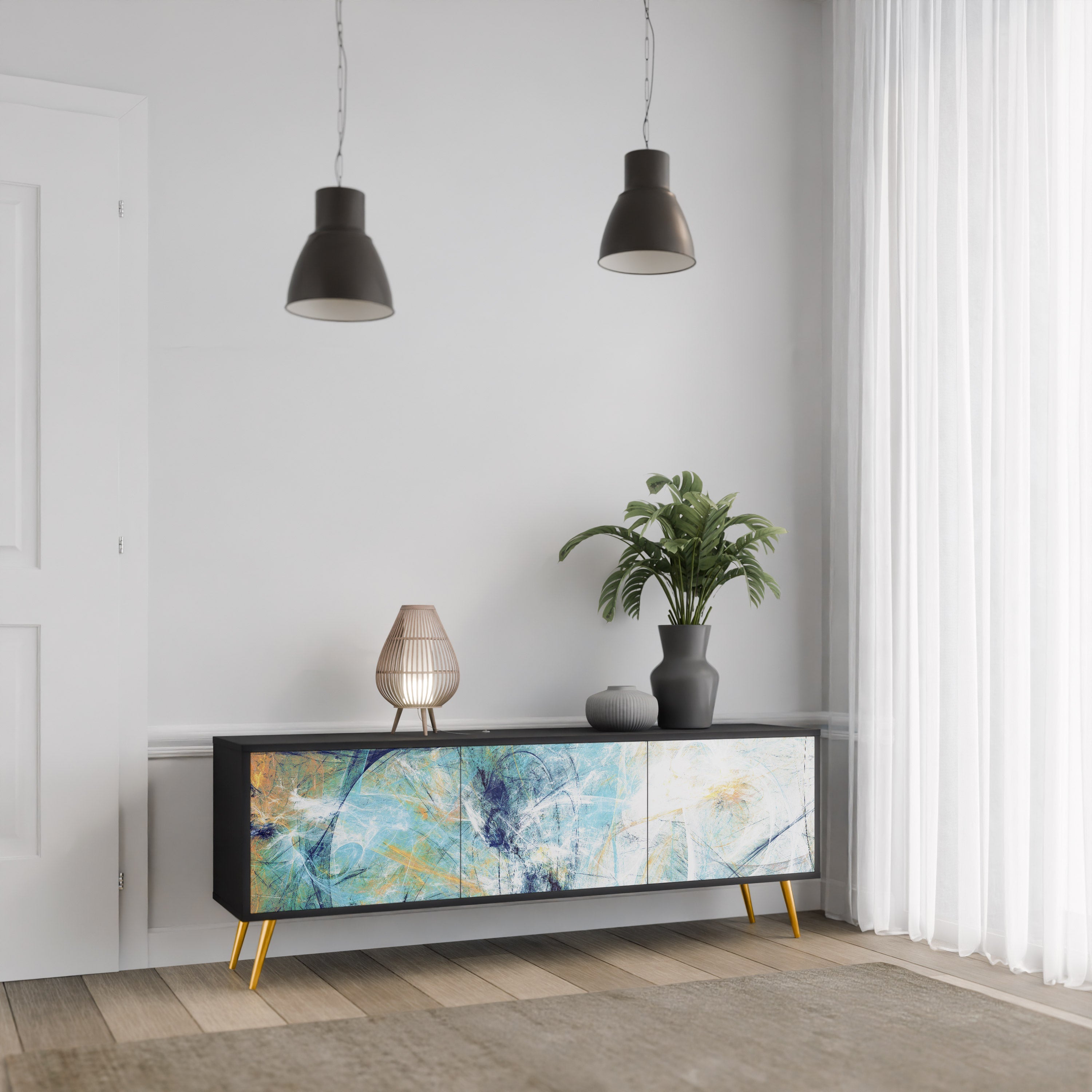 RÉFLEXIONS ABSTRAITES Meuble TV 3 portes en finition noire