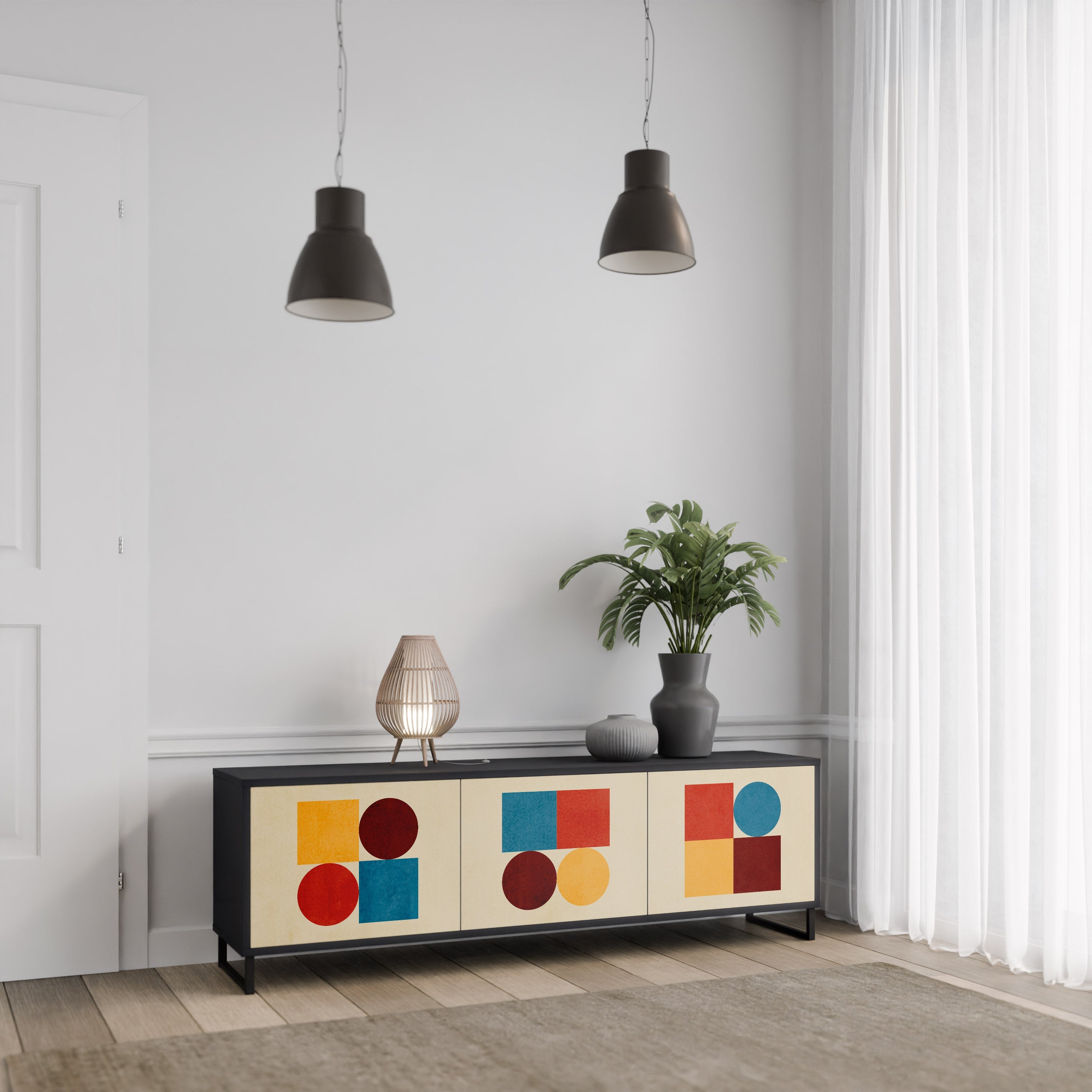 Meuble TV 3 portes GEOMETRIC PUZZLE en finition noire