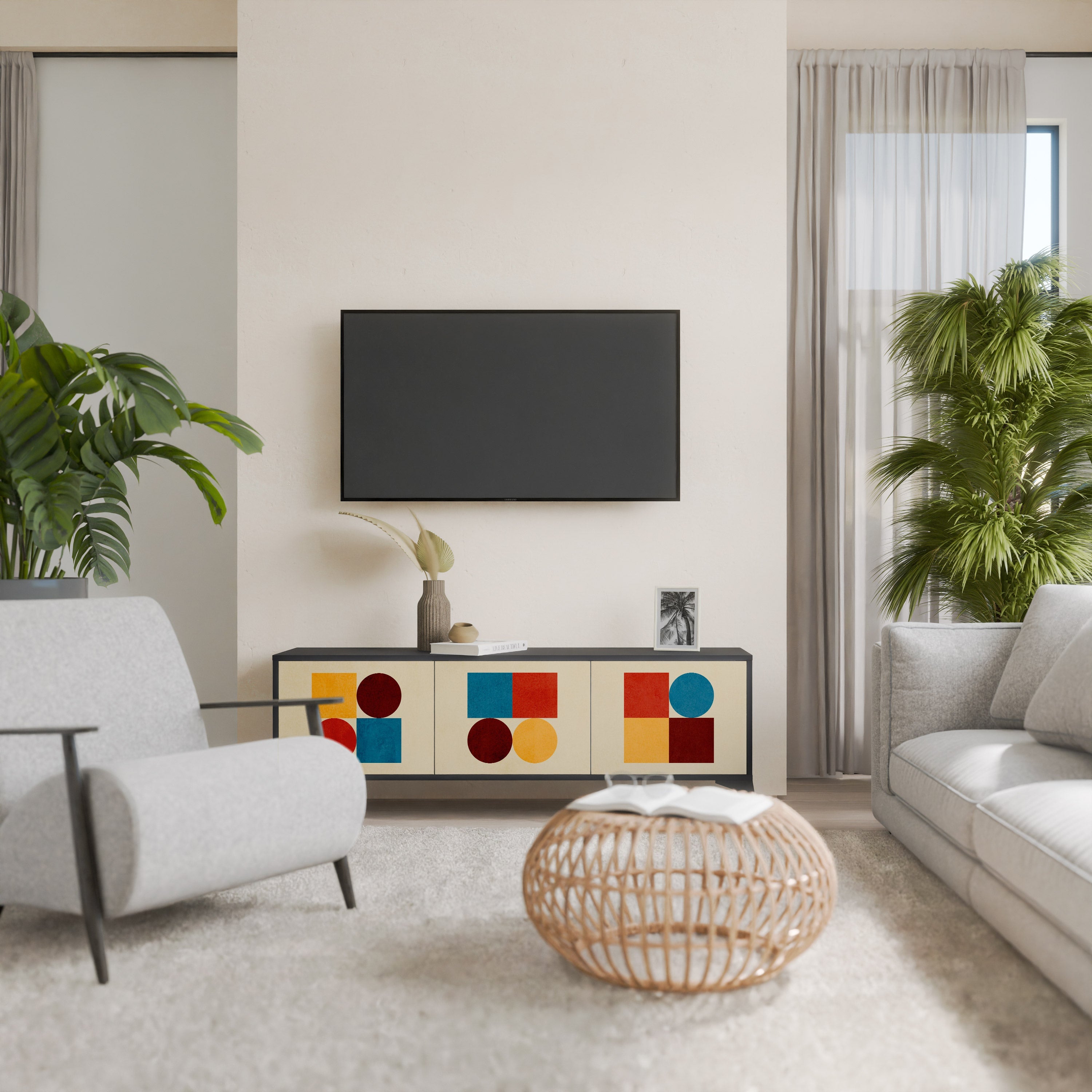 Meuble TV 3 portes GEOMETRIC PUZZLE en finition noire