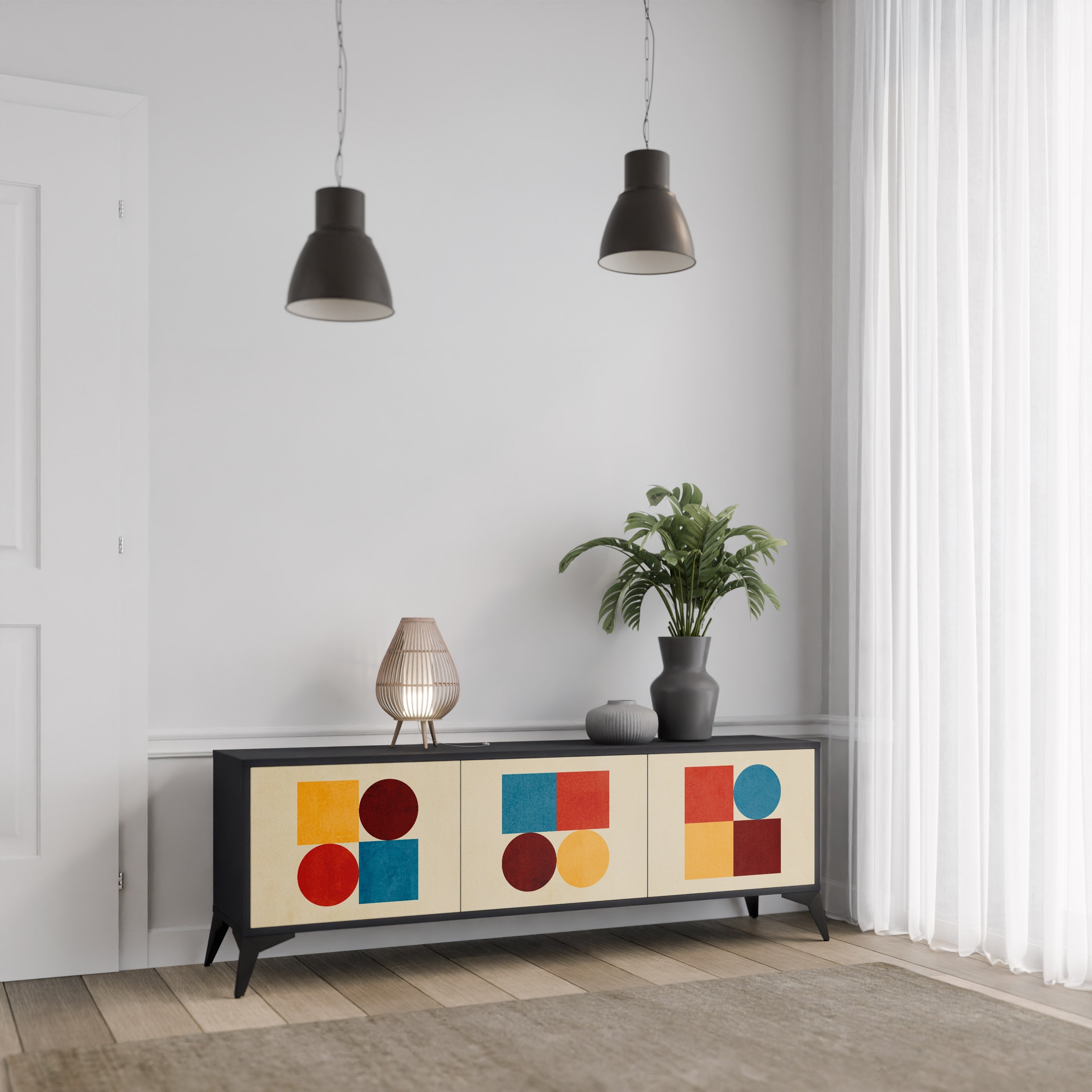 Meuble TV 3 portes GEOMETRIC PUZZLE en finition noire