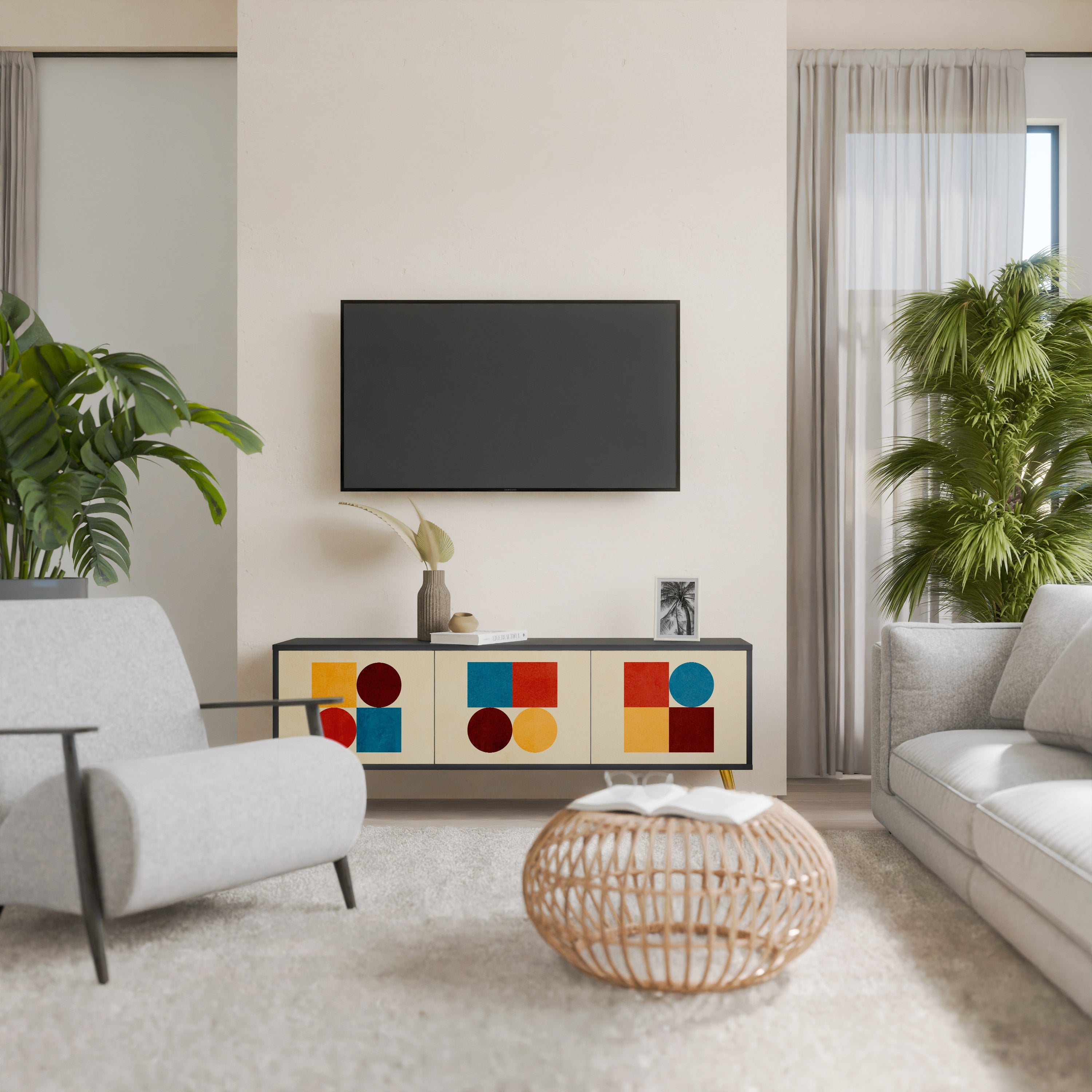 Meuble TV 3 portes GEOMETRIC PUZZLE en finition noire