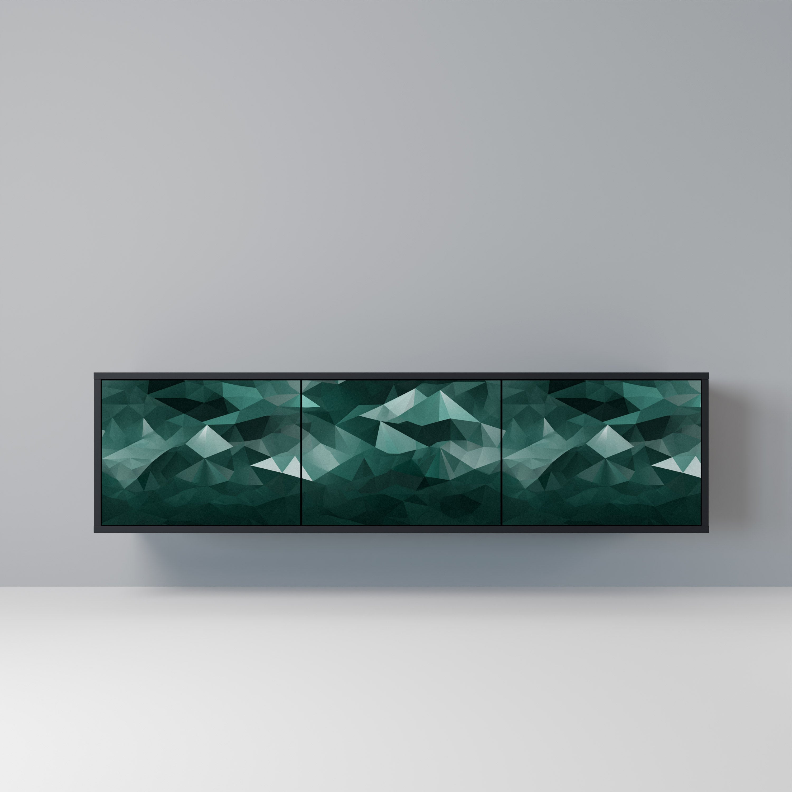 Meuble TV flottant polygonal à 3 portes, finition noire