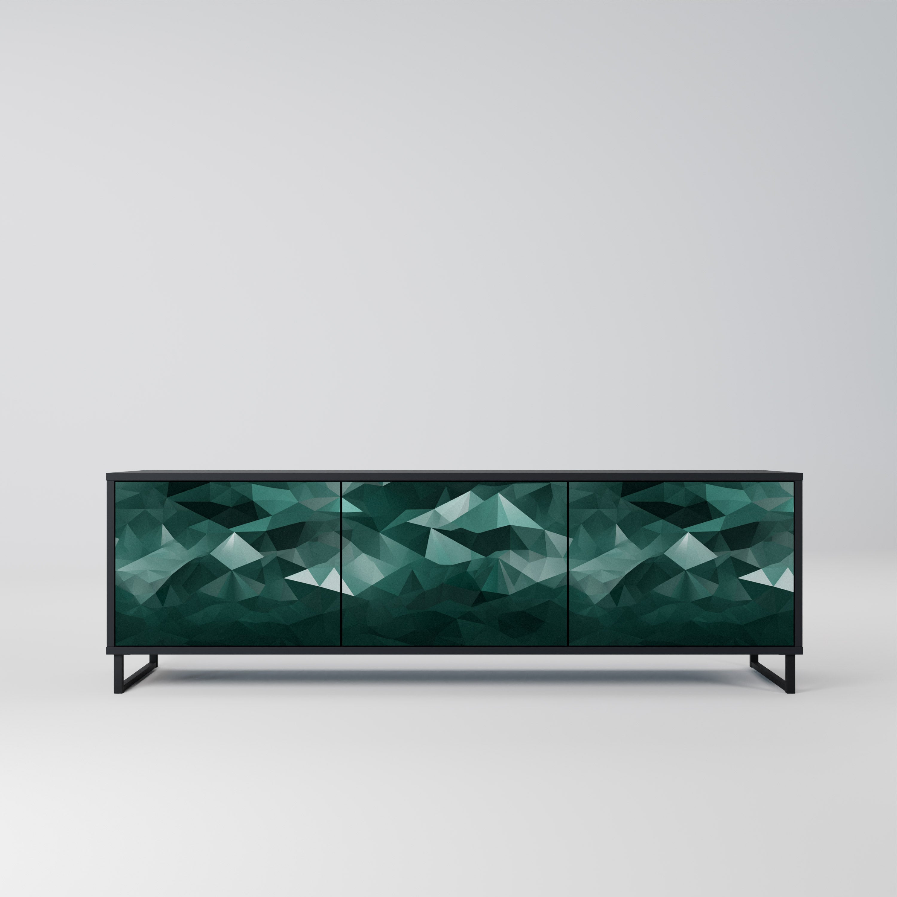 Meuble TV flottant polygonal à 3 portes, finition noire