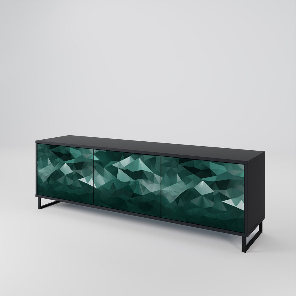 Meuble TV flottant polygonal à 3 portes, finition noire