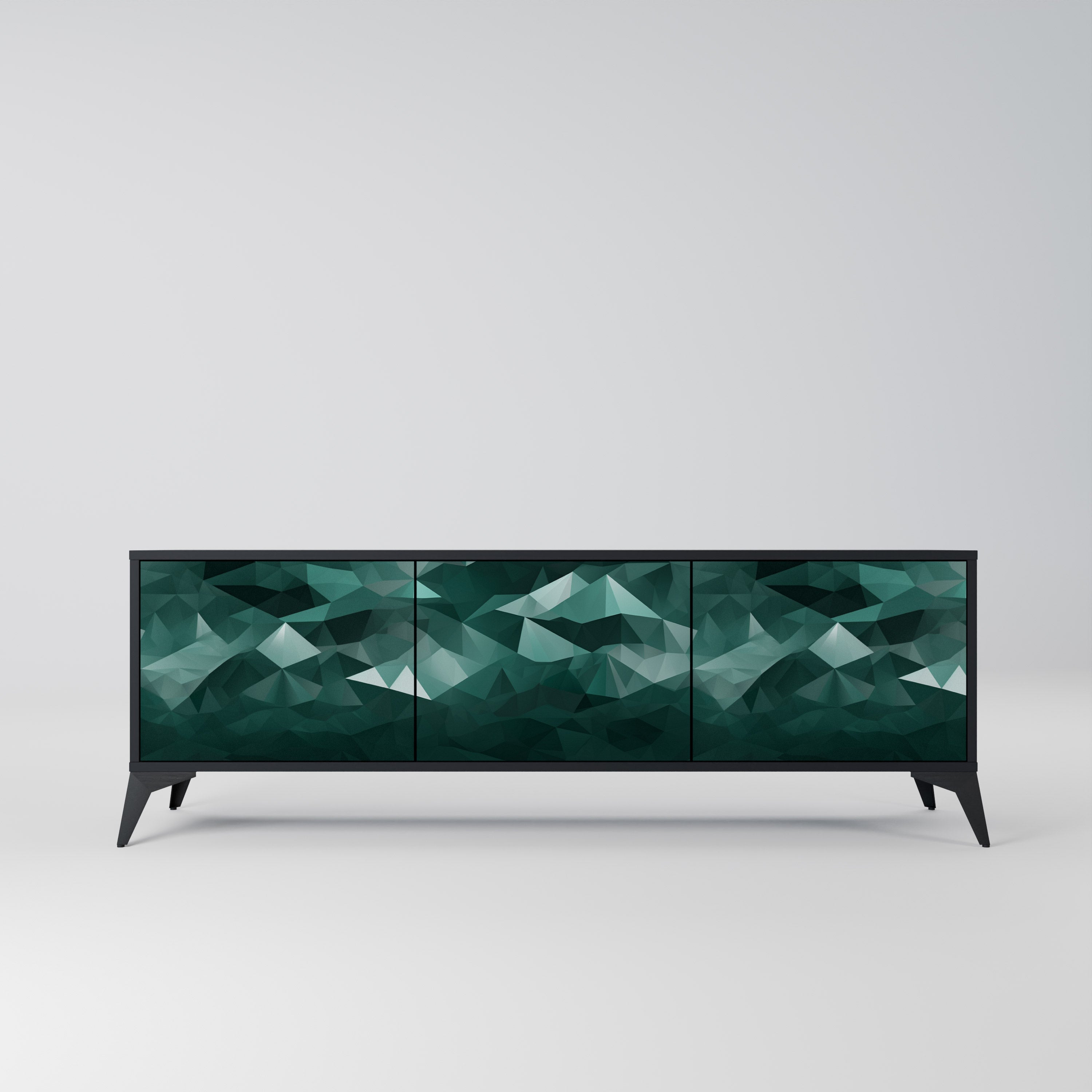 Meuble TV flottant polygonal à 3 portes, finition noire