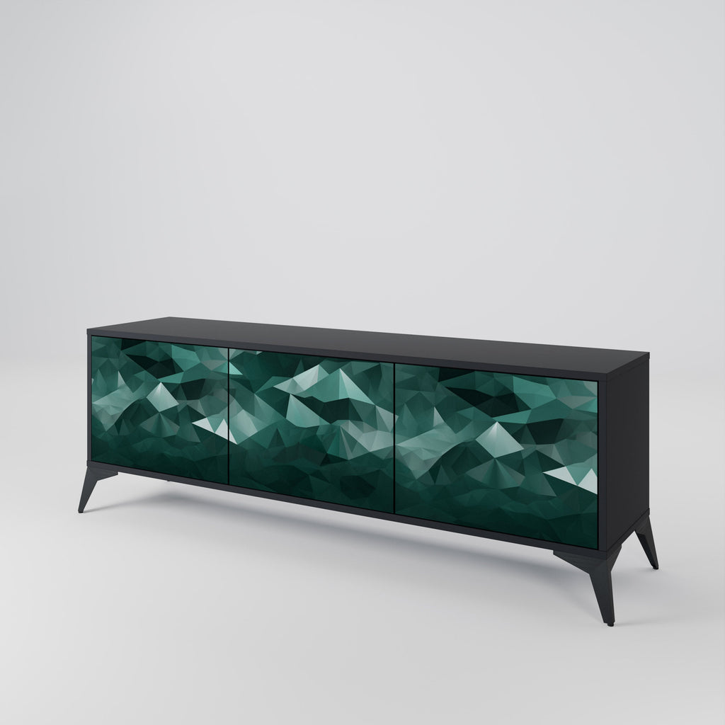 Meuble TV flottant polygonal à 3 portes, finition noire