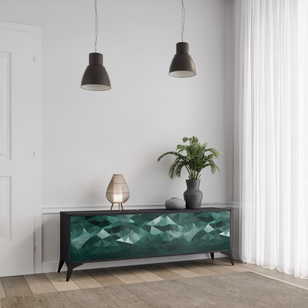 Meuble TV flottant polygonal à 3 portes, finition noire