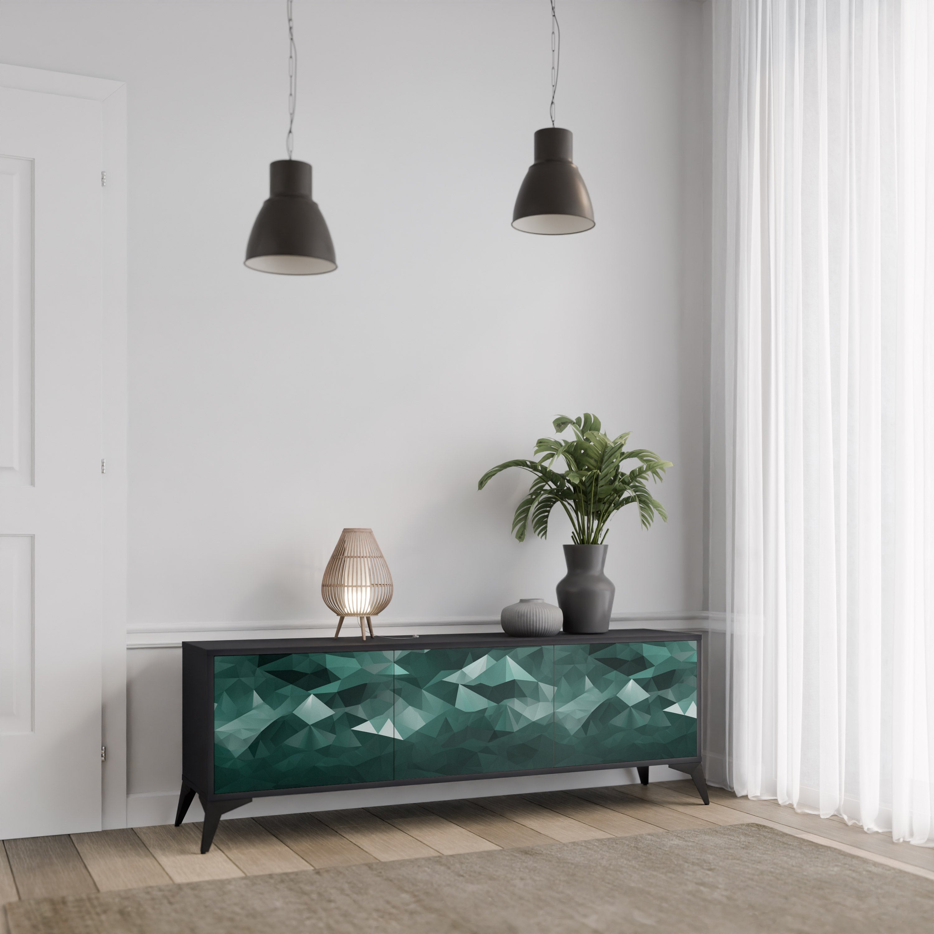 Meuble TV flottant polygonal à 3 portes, finition noire