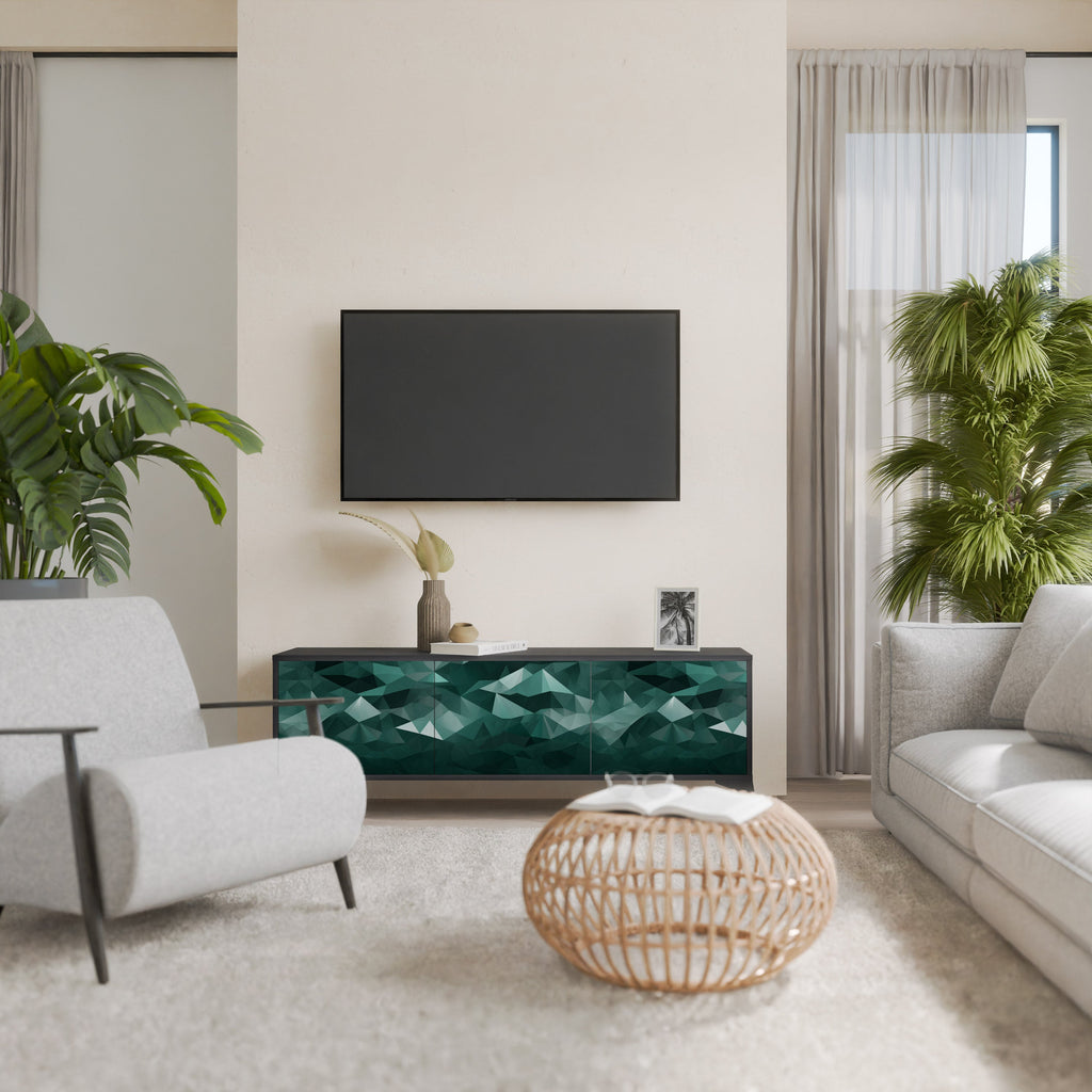 Meuble TV flottant polygonal à 3 portes, finition noire