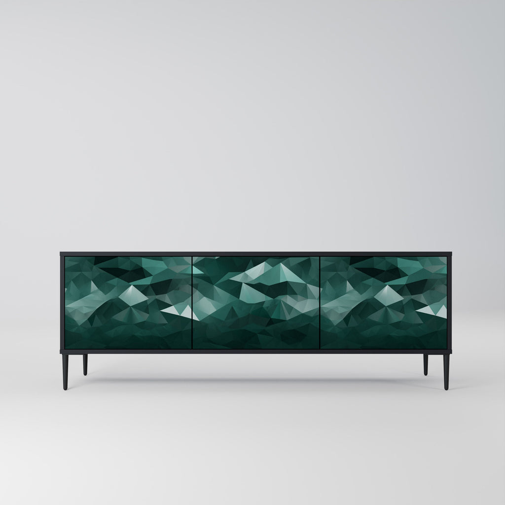 Meuble TV flottant polygonal à 3 portes, finition noire