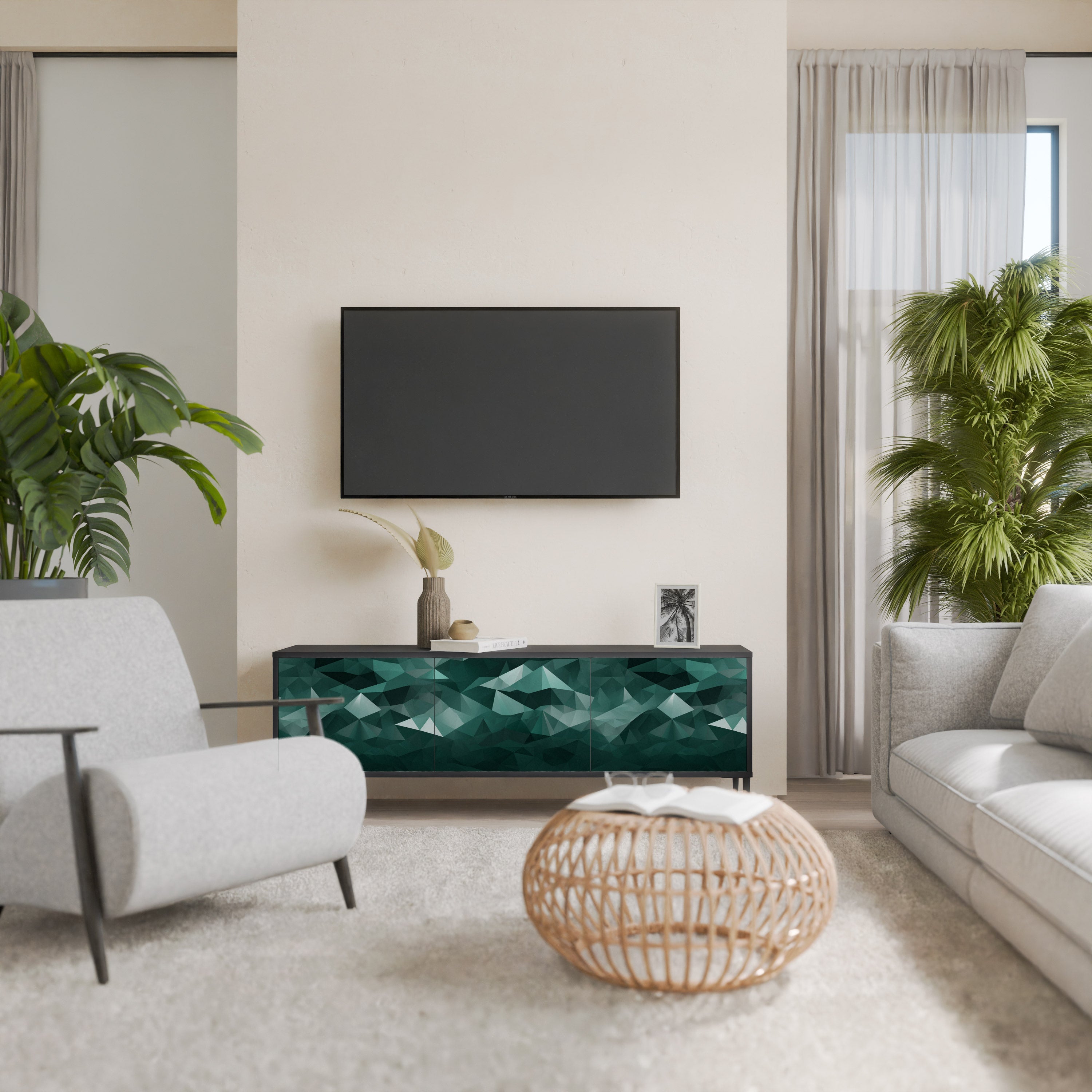 Meuble TV flottant polygonal à 3 portes, finition noire