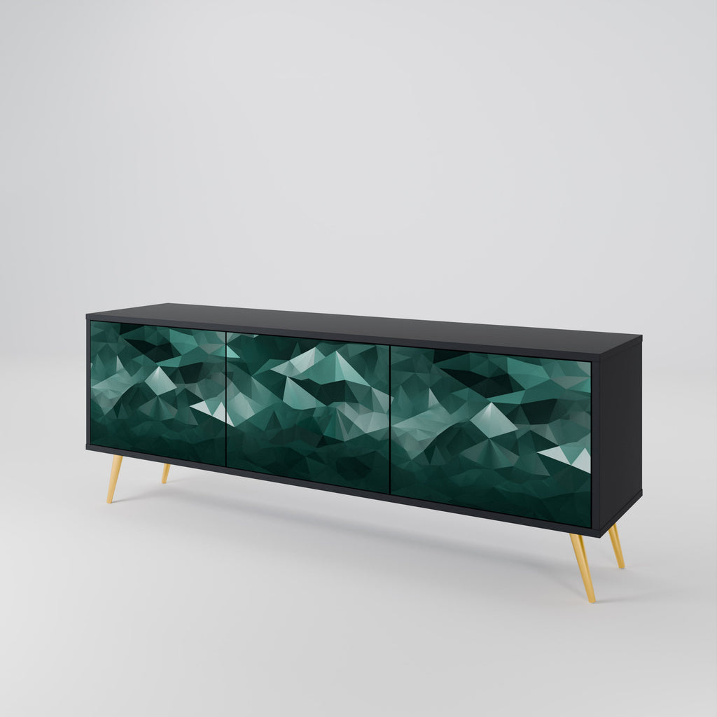 Meuble TV flottant polygonal à 3 portes, finition noire