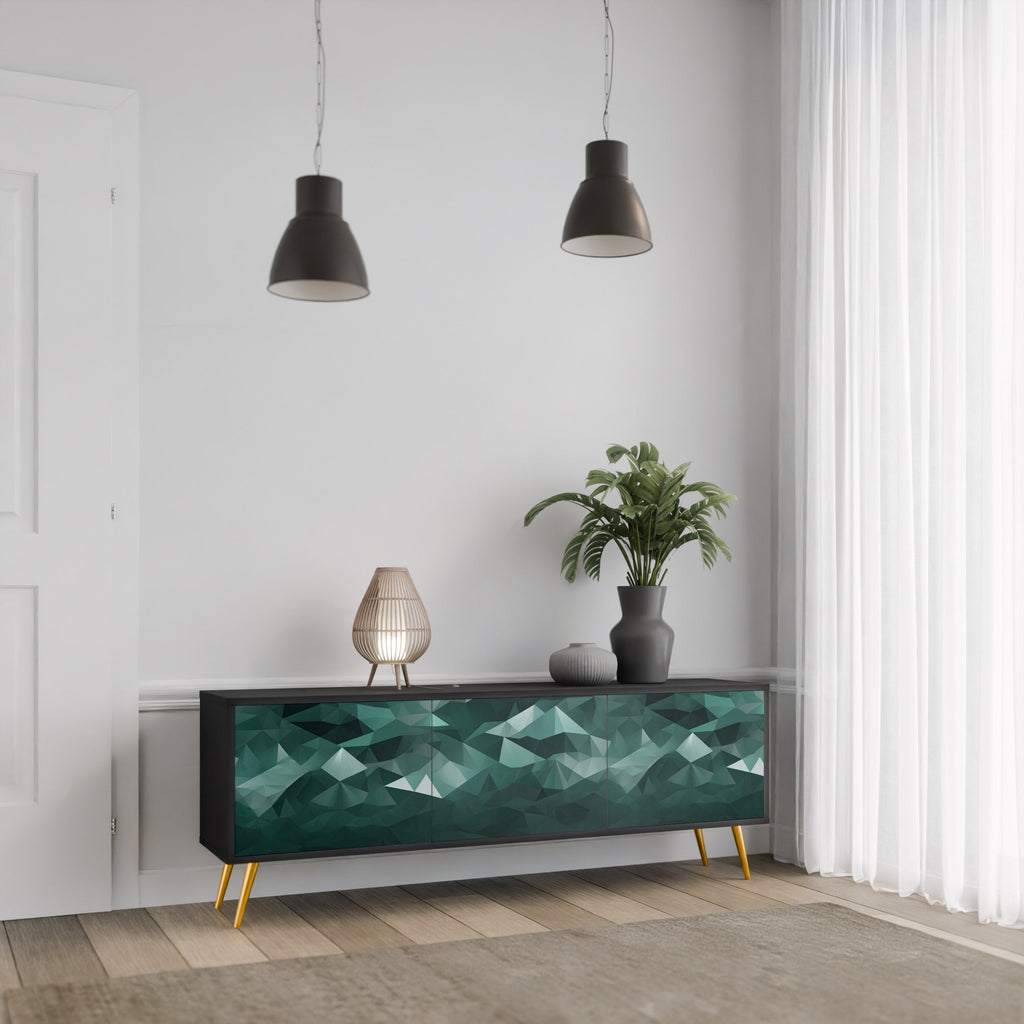 Meuble TV flottant polygonal à 3 portes, finition noire