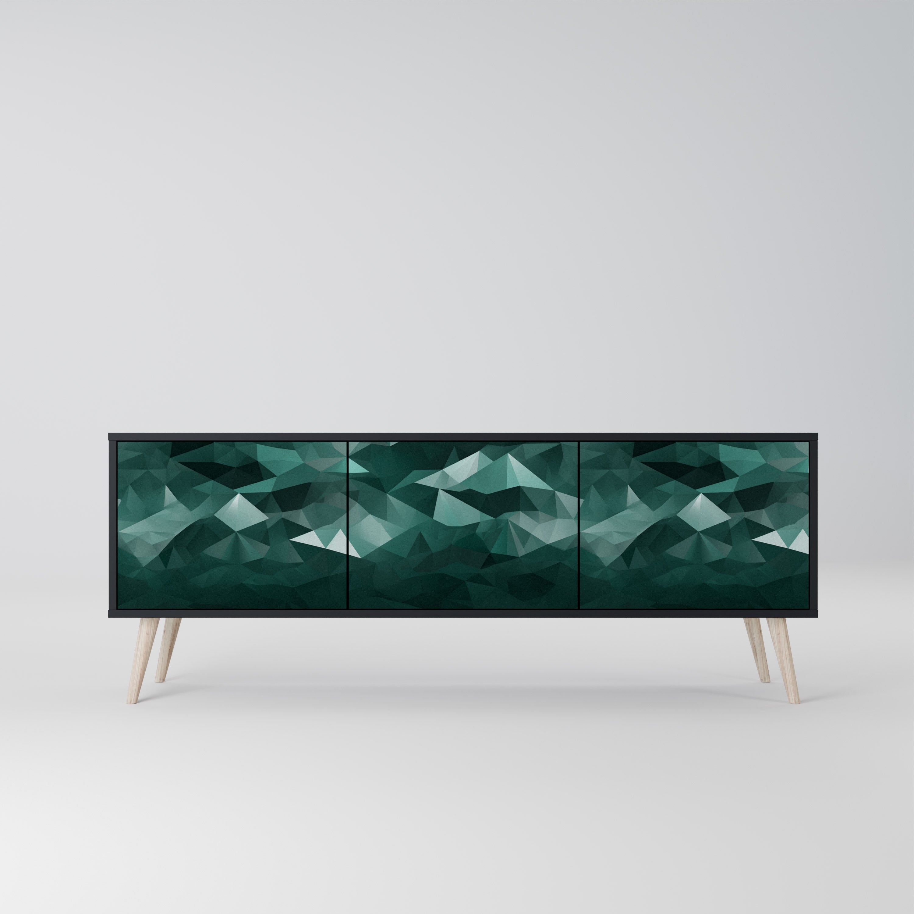 Meuble TV flottant polygonal à 3 portes, finition noire