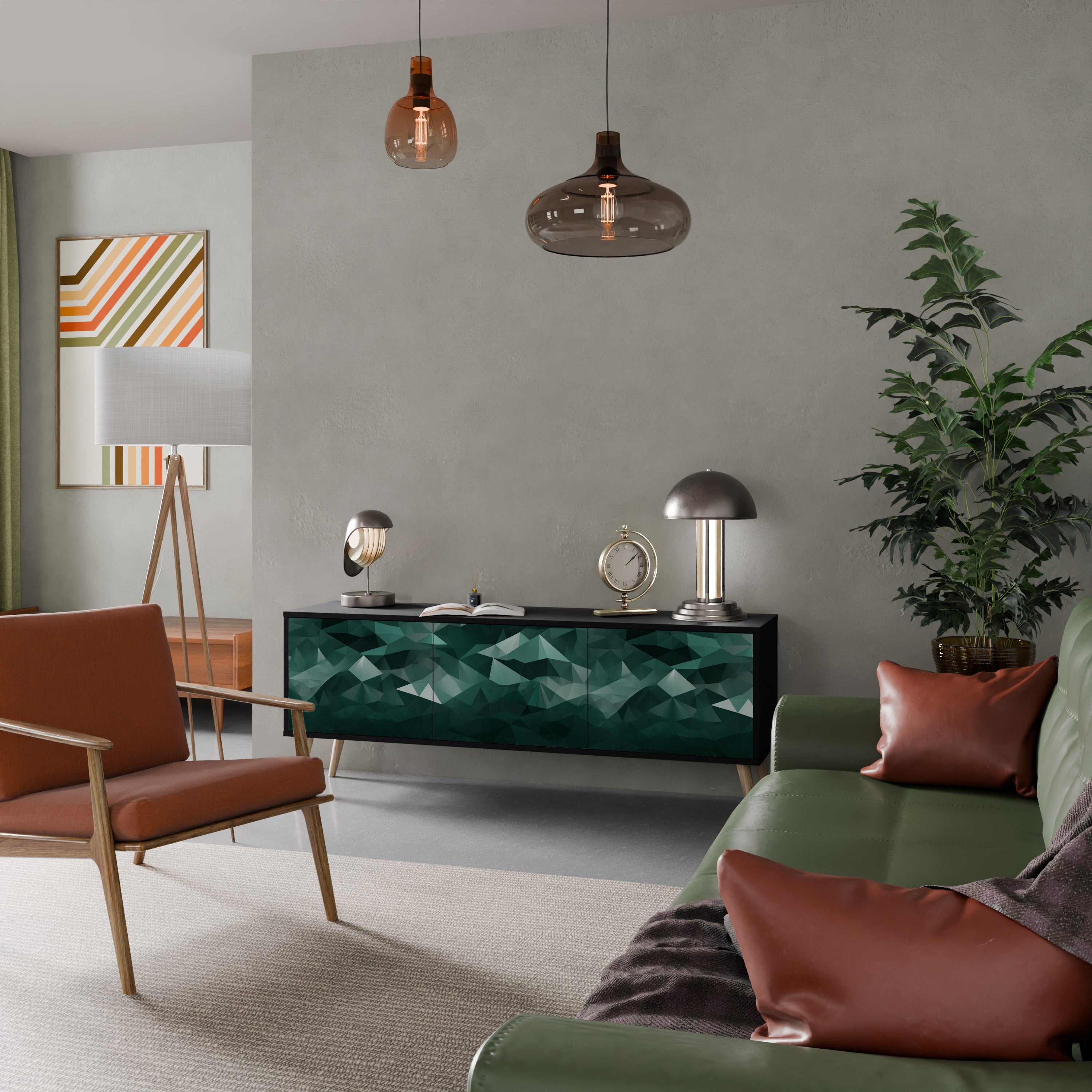 Meuble TV flottant polygonal à 3 portes, finition noire