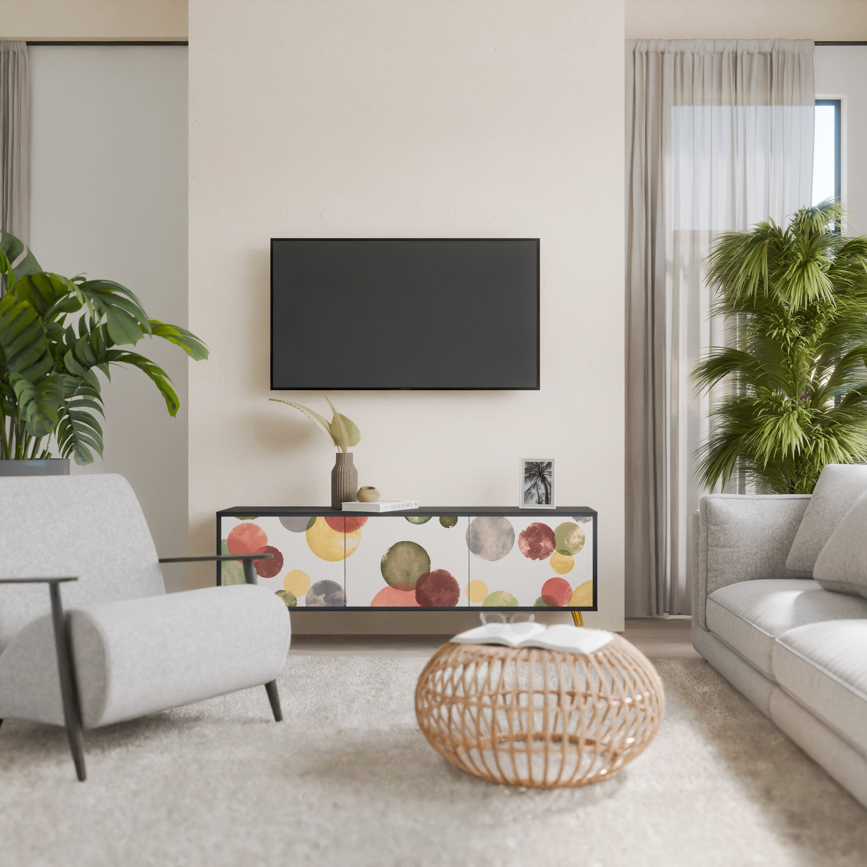 Meuble TV 3 portes FLEETING HAPPINESS, finition noire