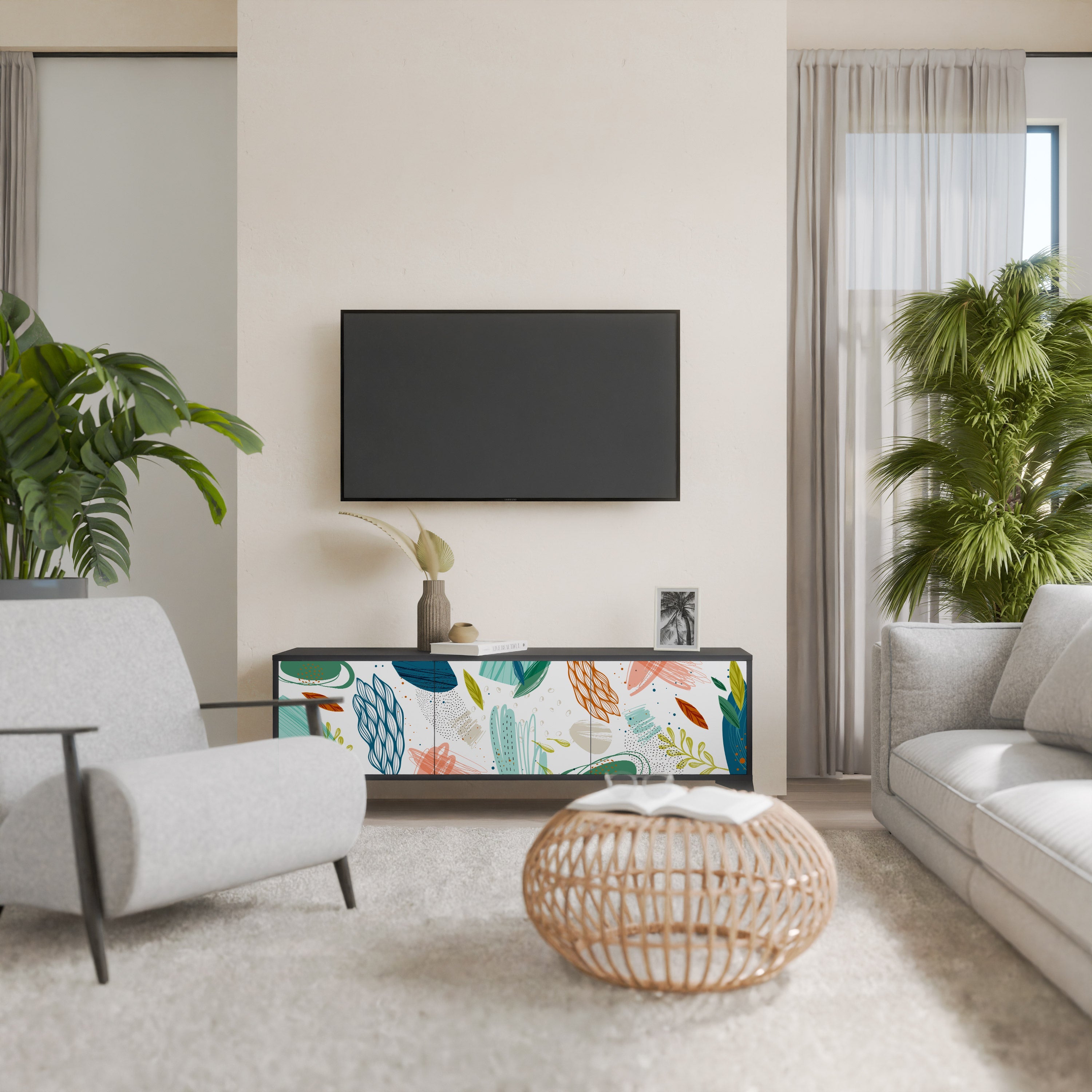 Meuble TV 3 portes BOTANICAL HURRICANE, finition noire