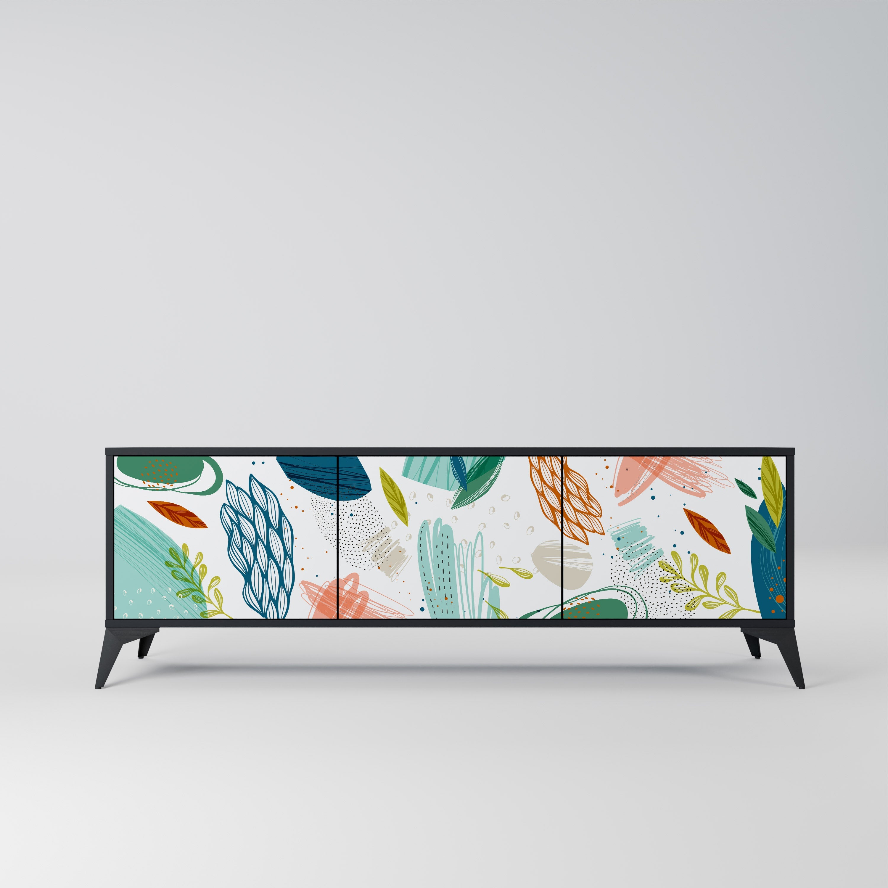 Meuble TV 3 portes BOTANICAL HURRICANE, finition noire