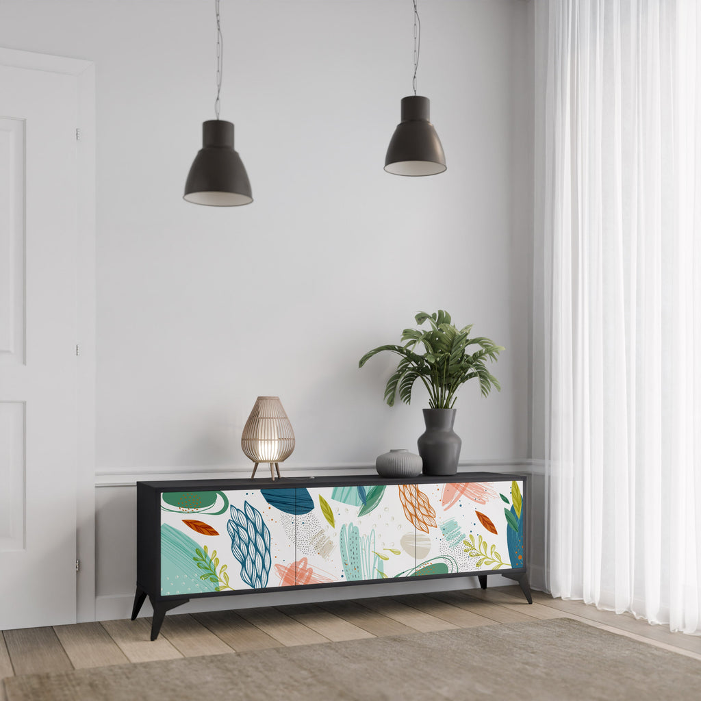 Meuble TV 3 portes BOTANICAL HURRICANE, finition noire