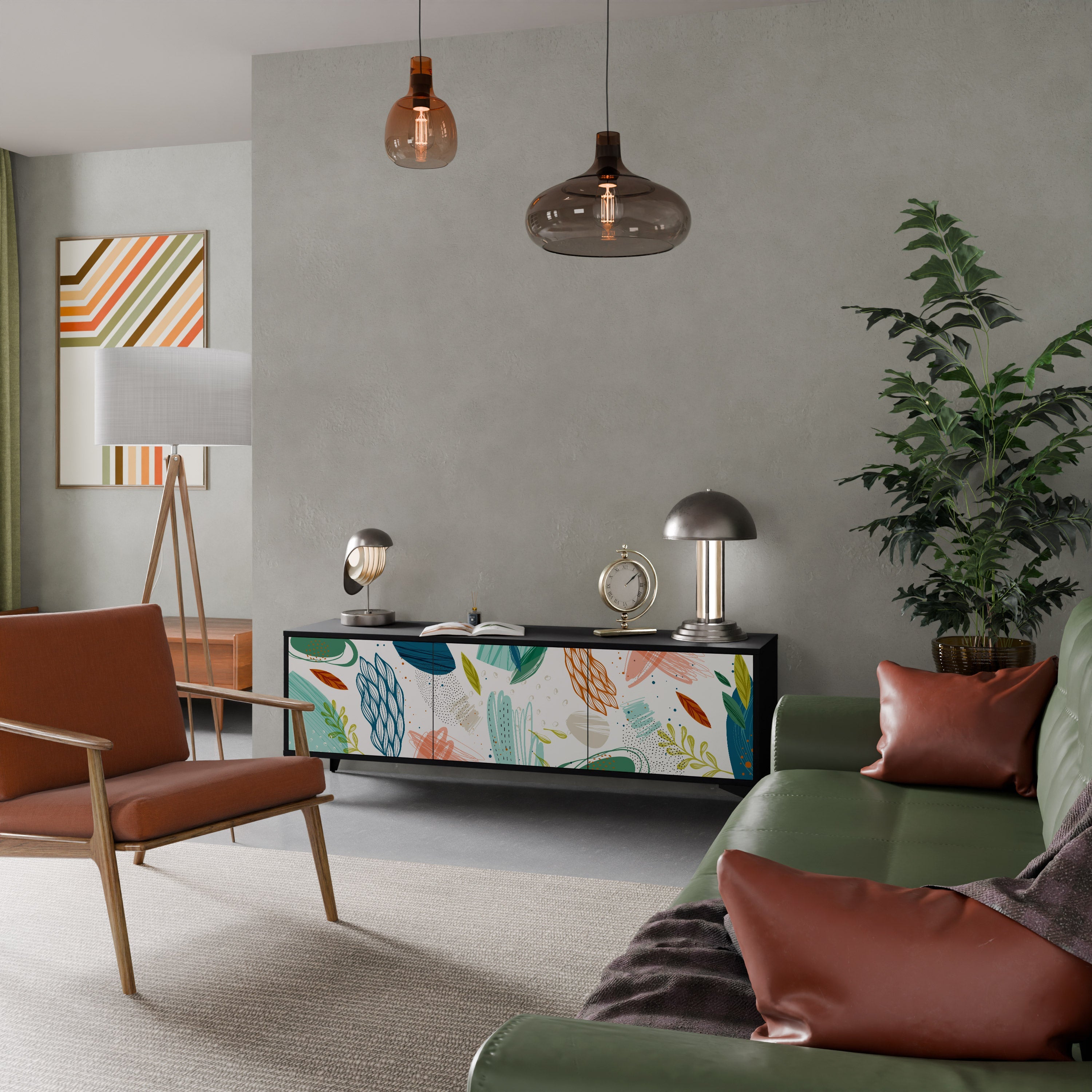 Meuble TV 3 portes BOTANICAL HURRICANE, finition noire