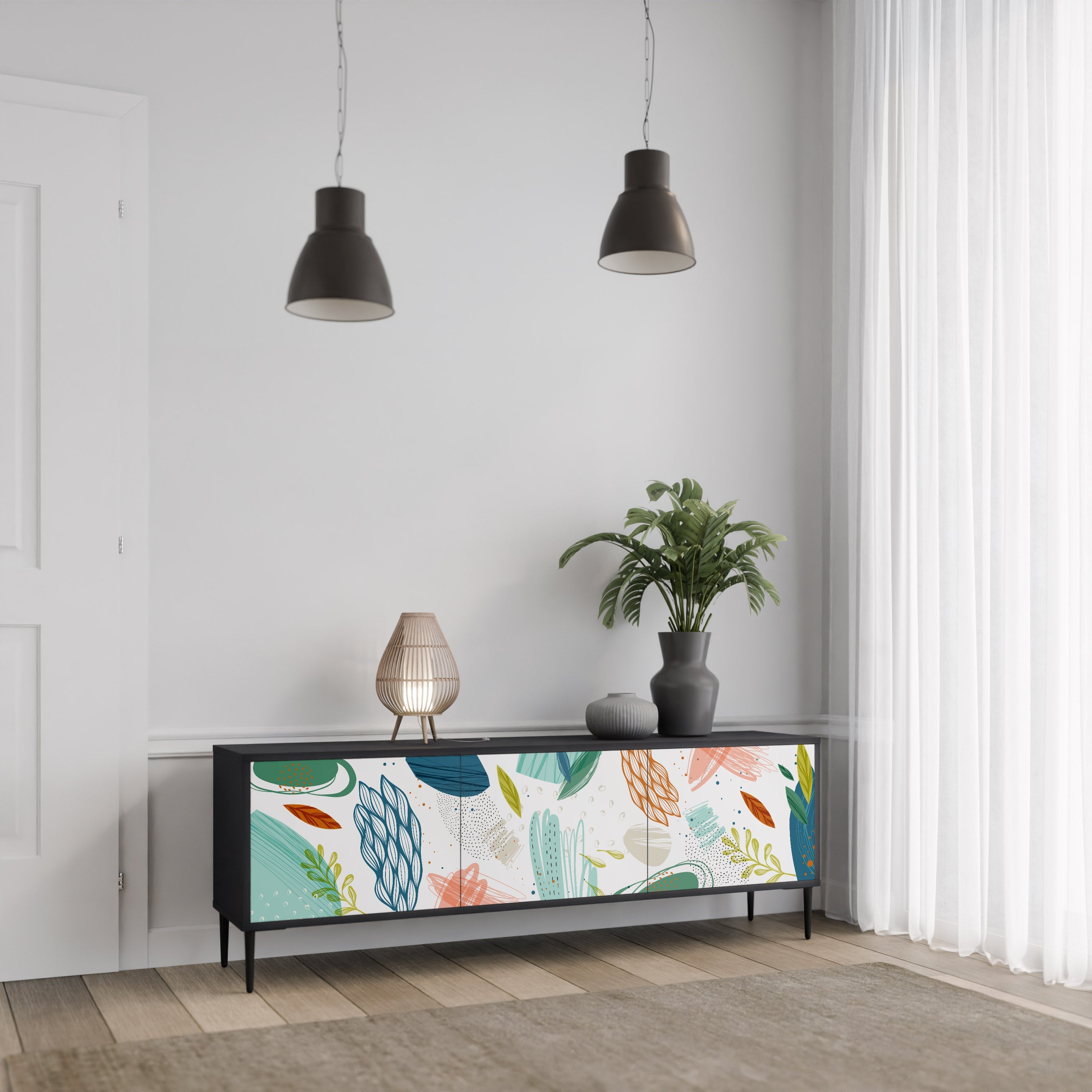 Meuble TV 3 portes BOTANICAL HURRICANE, finition noire