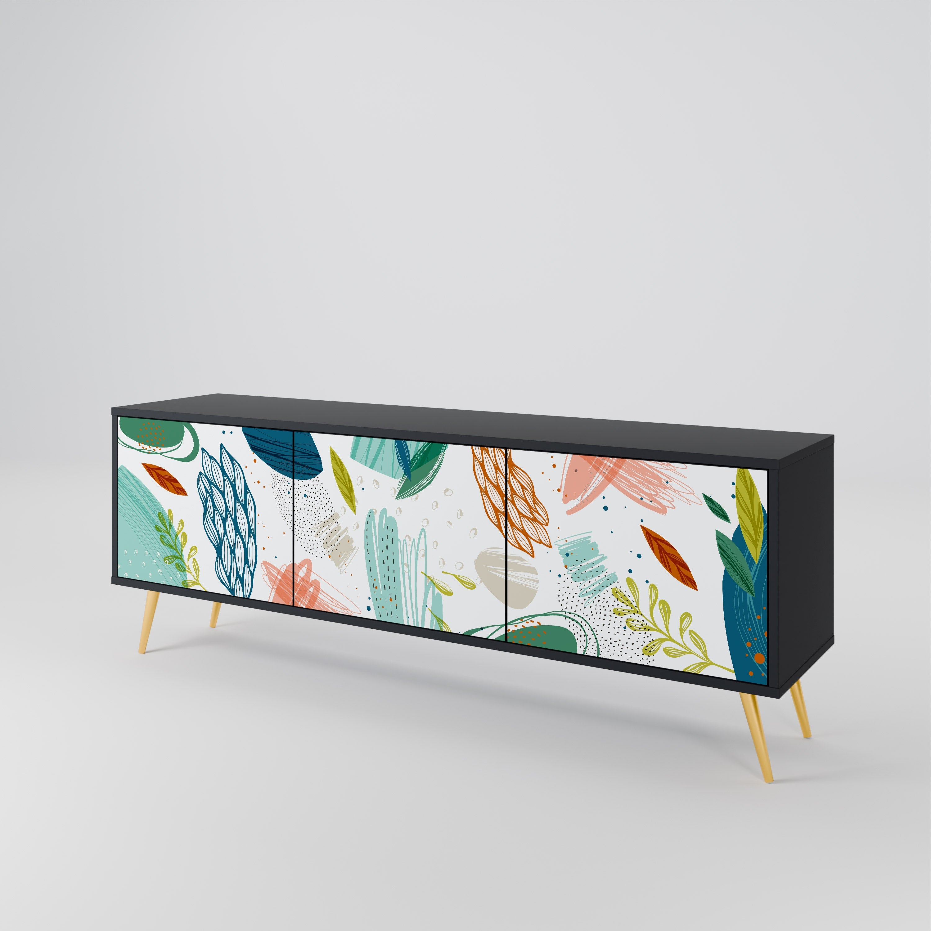 Meuble TV 3 portes BOTANICAL HURRICANE, finition noire