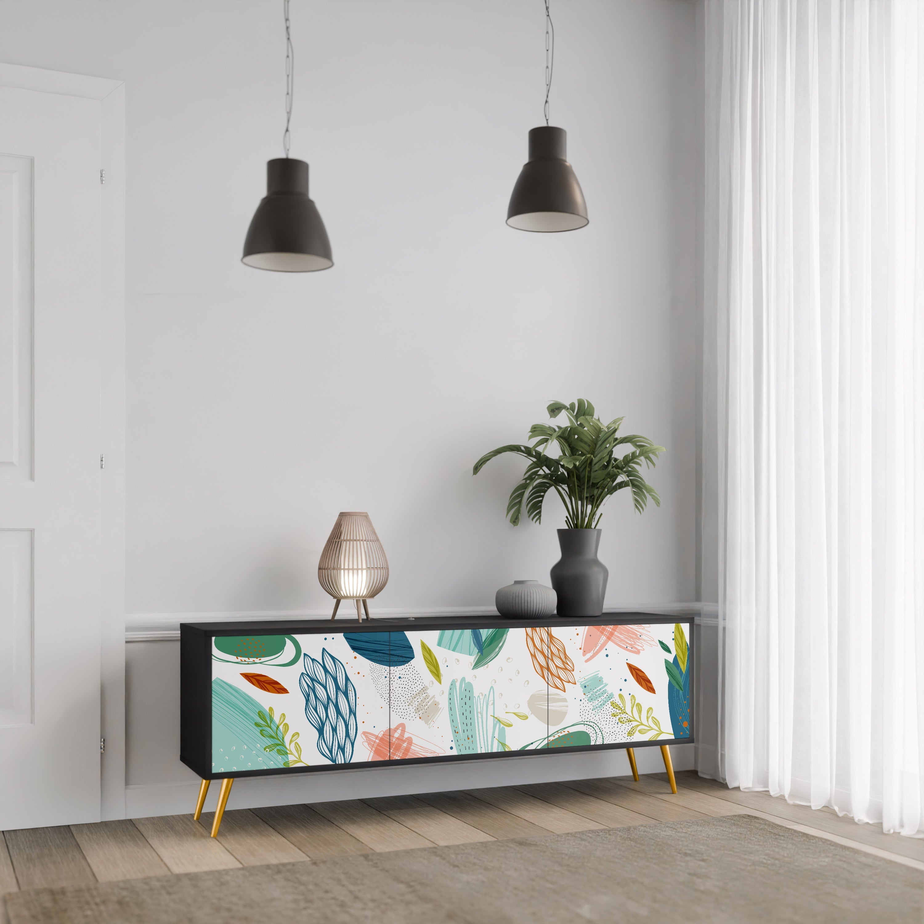 Meuble TV 3 portes BOTANICAL HURRICANE, finition noire