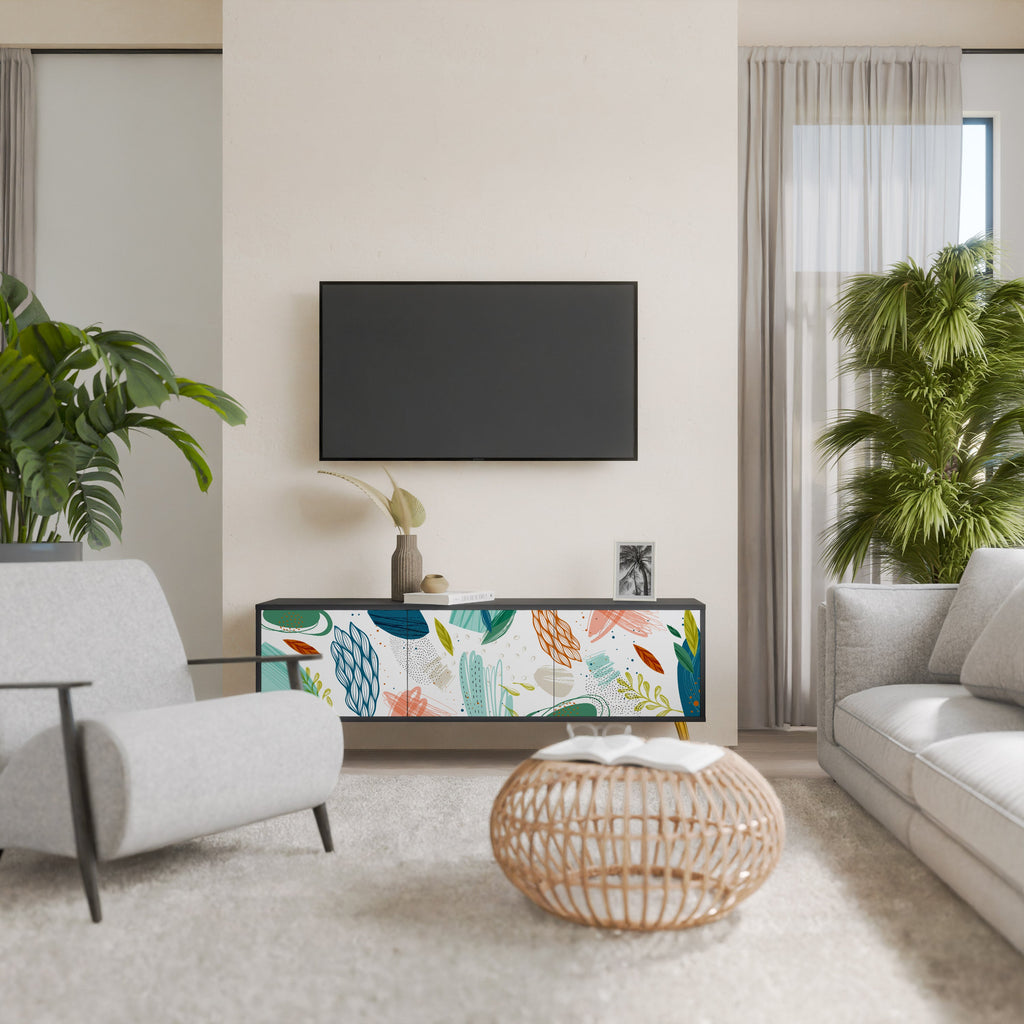 Meuble TV 3 portes BOTANICAL HURRICANE, finition noire