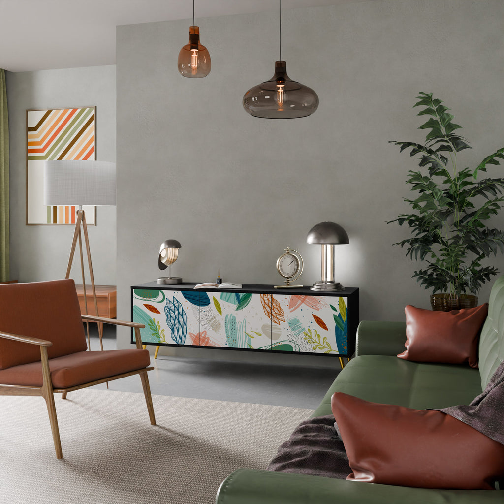 Meuble TV 3 portes BOTANICAL HURRICANE, finition noire