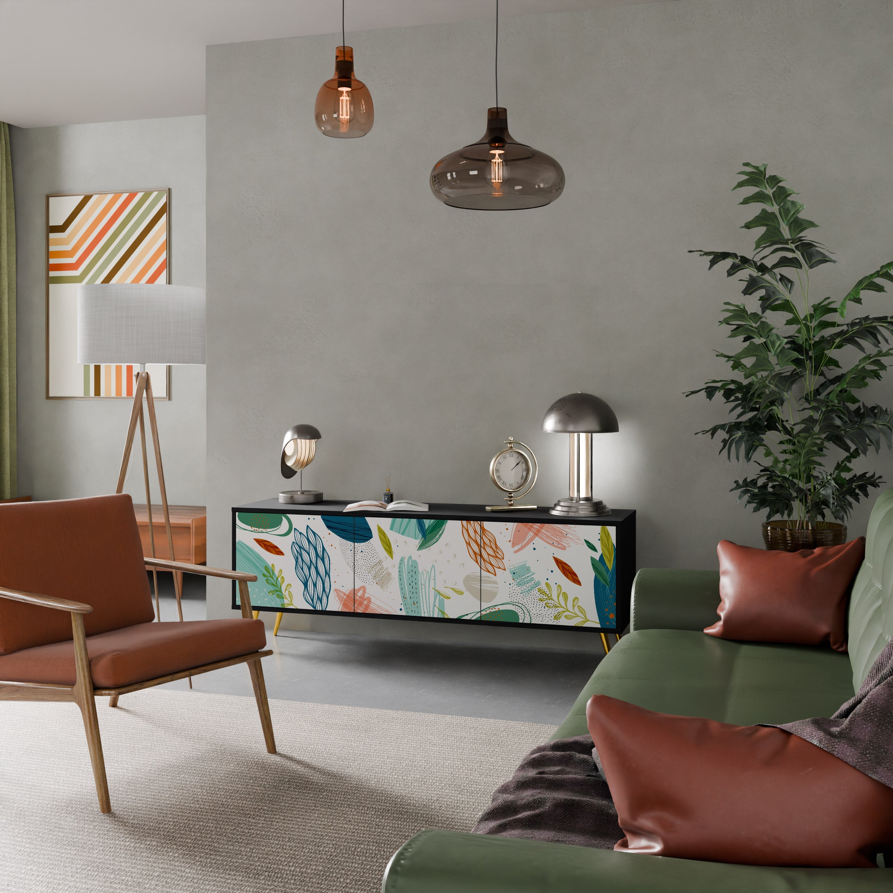 Meuble TV 3 portes BOTANICAL HURRICANE, finition noire