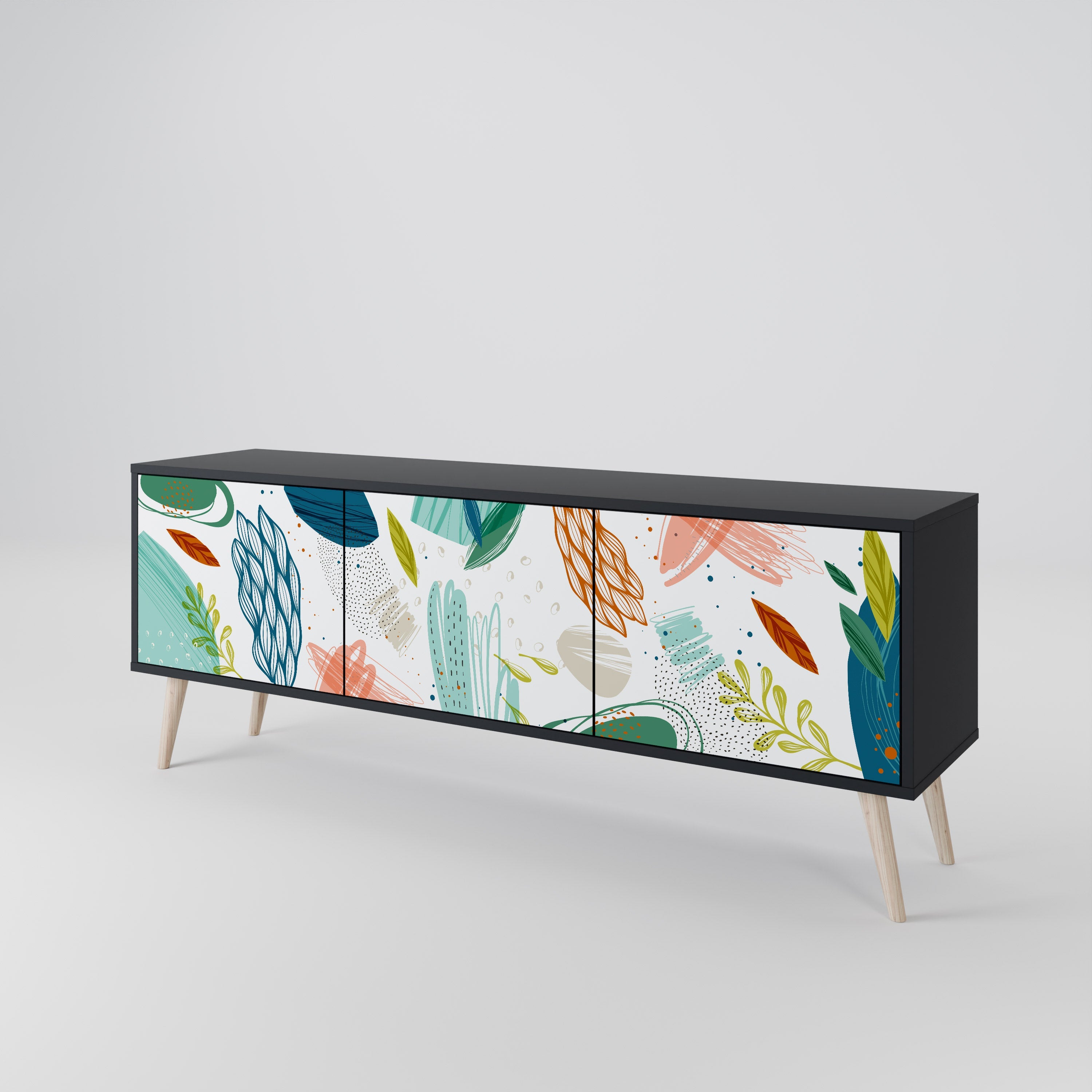 Meuble TV 3 portes BOTANICAL HURRICANE, finition noire