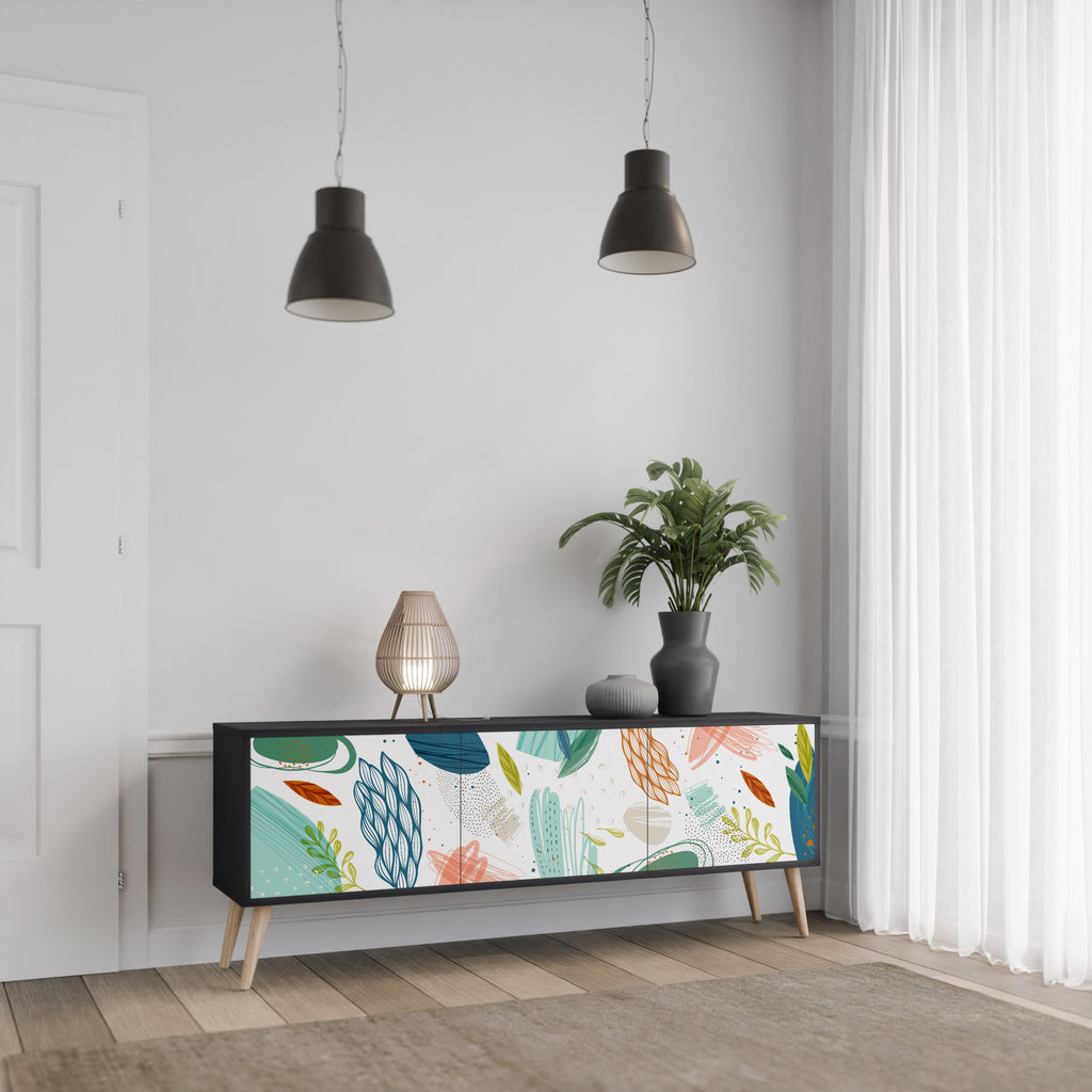 Meuble TV 3 portes BOTANICAL HURRICANE, finition noire